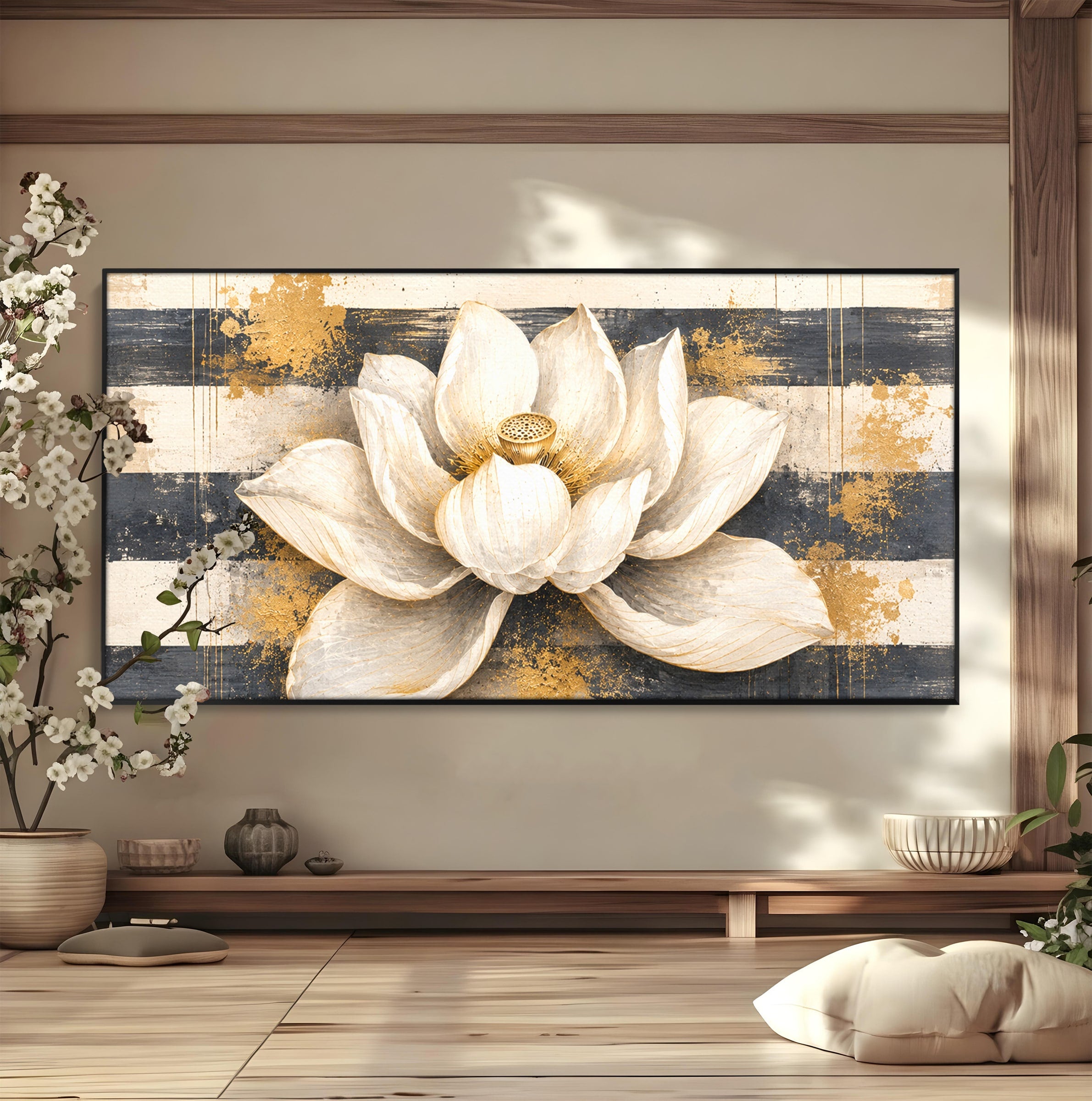 Tablou Canvas Premium LuxCanva® A1857, Floare De Lotus Aurie, Floare, Lotus, Abstract, Eleganta, Dormitor, Living, Culori Vibrante