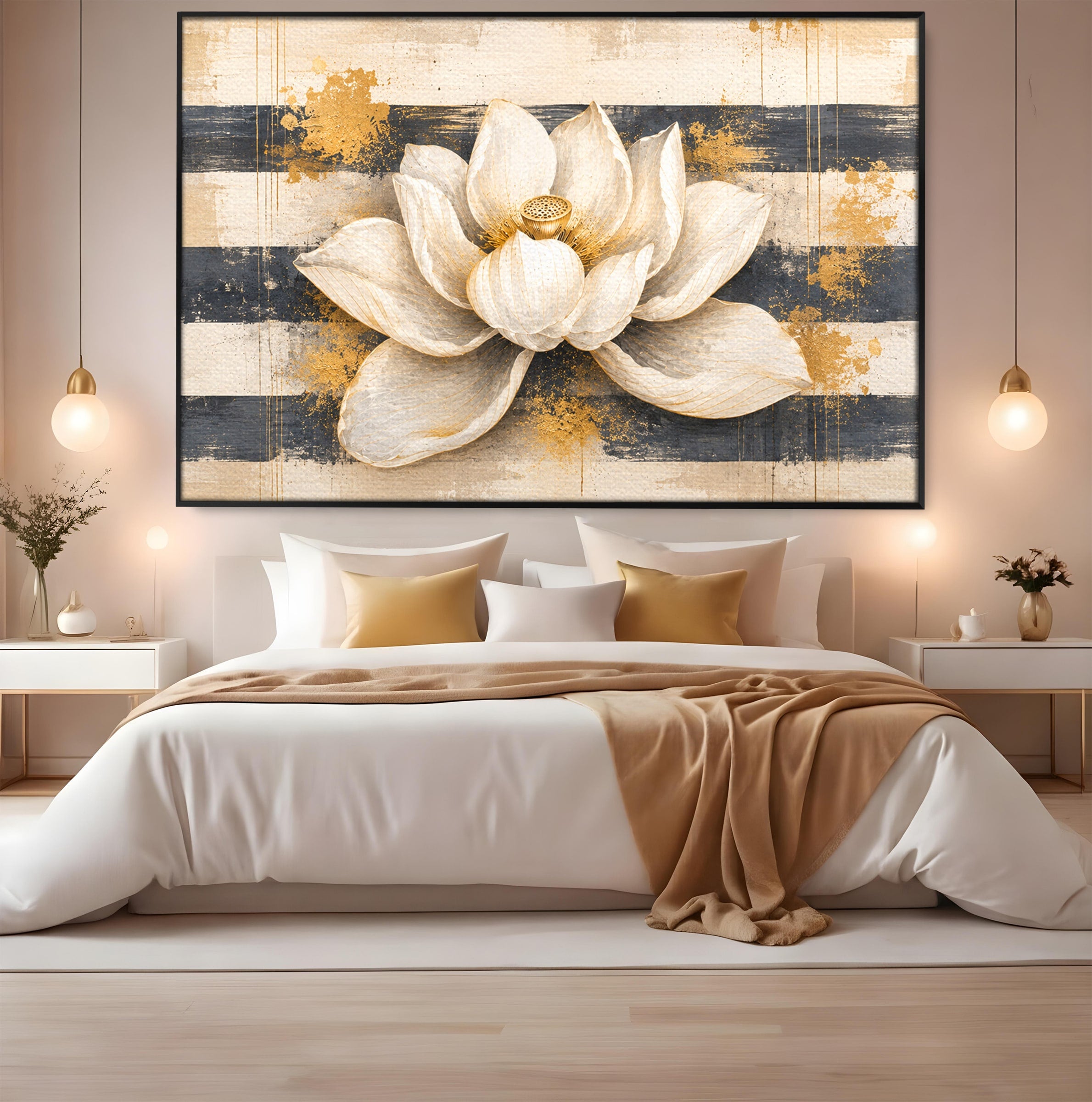 Tablou Canvas Premium LuxCanva® A1857, Floare De Lotus Aurie, Floare, Lotus, Abstract, Eleganta, Dormitor, Living, Culori Vibrante