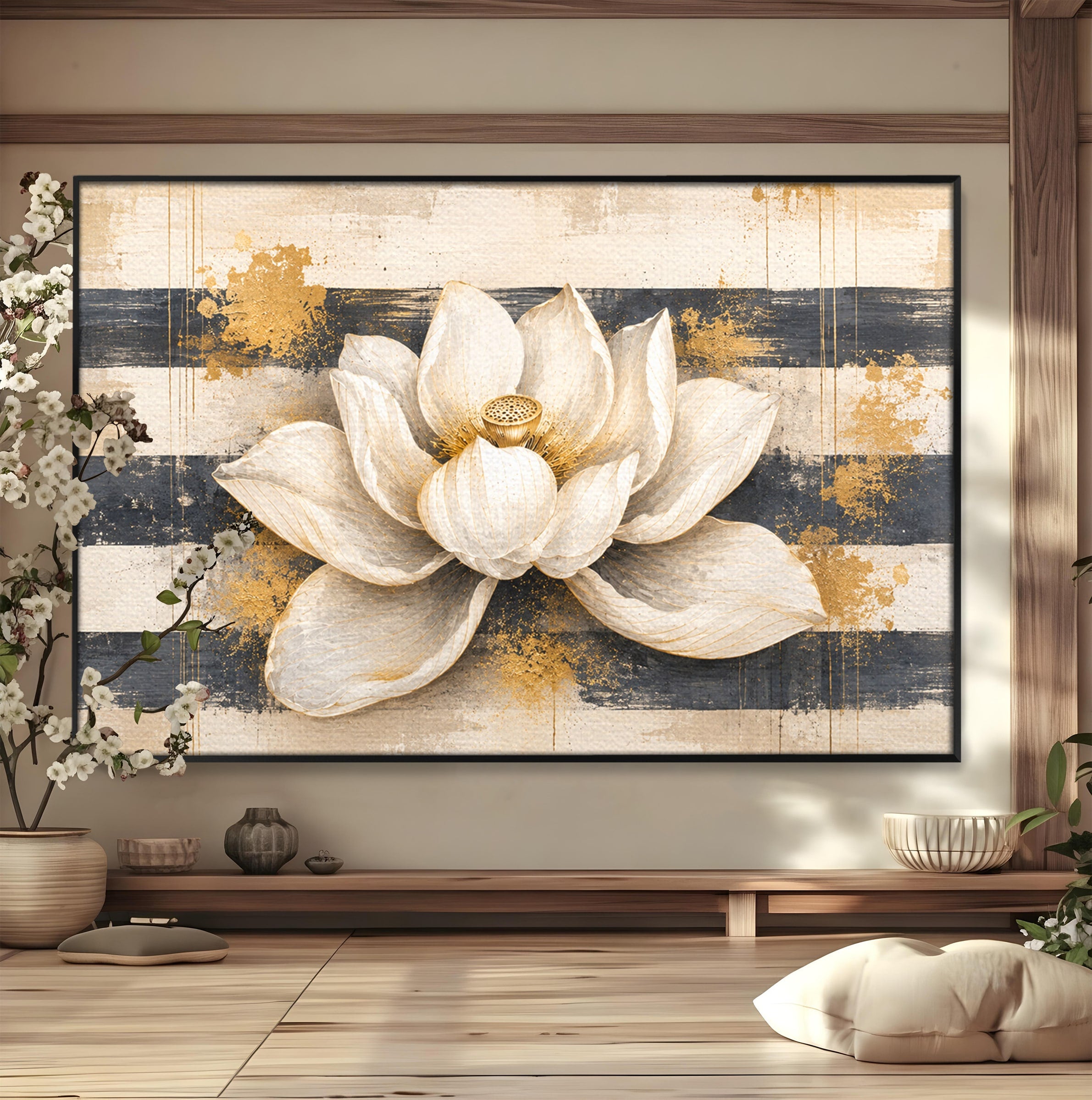 Tablou Canvas Premium LuxCanva® A1857, Floare De Lotus Aurie, Floare, Lotus, Abstract, Eleganta, Dormitor, Living, Culori Vibrante