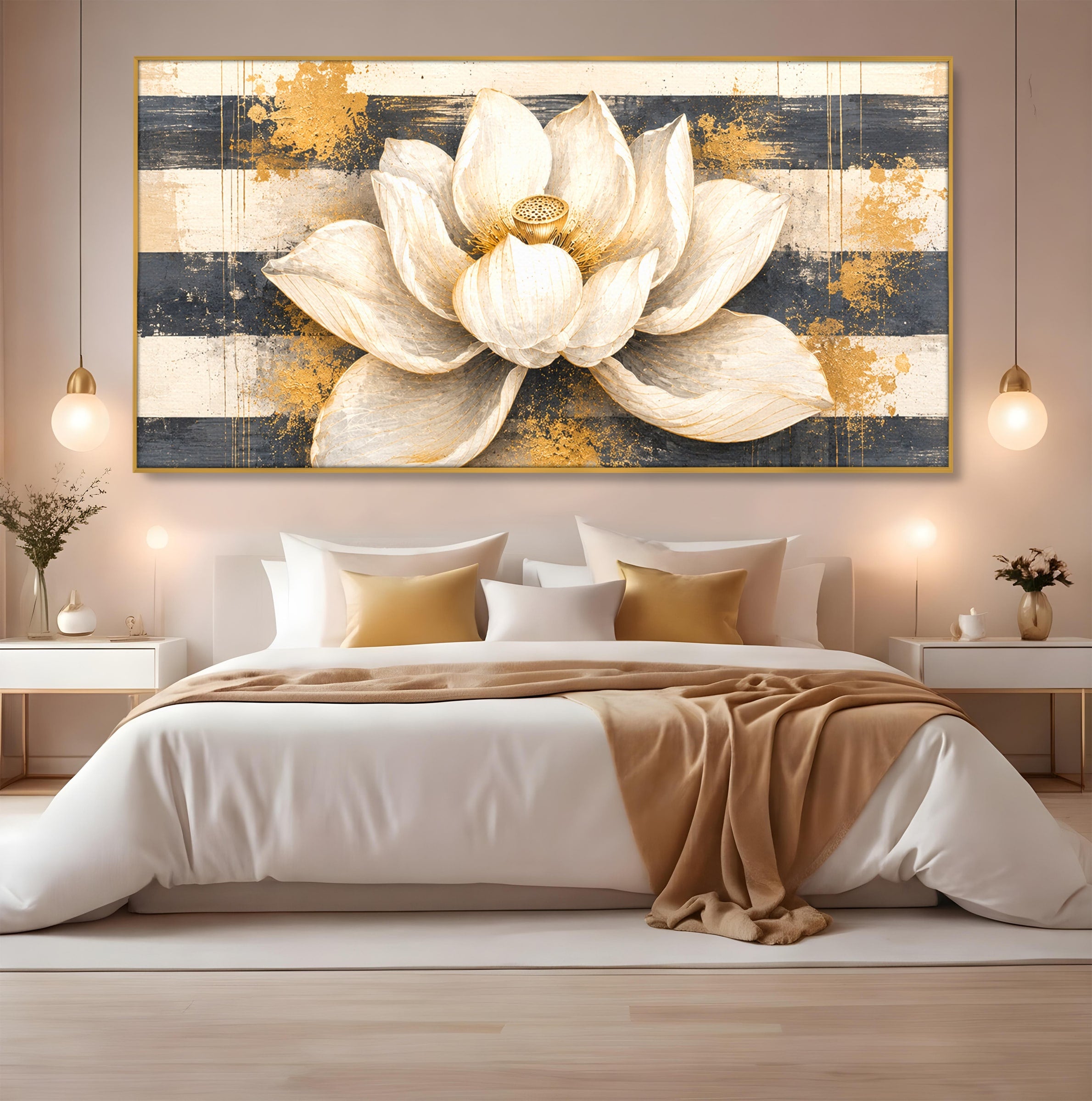 Tablou Canvas Premium LuxCanva® A1857, Floare De Lotus Aurie, Floare, Lotus, Abstract, Eleganta, Dormitor, Living, Culori Vibrante