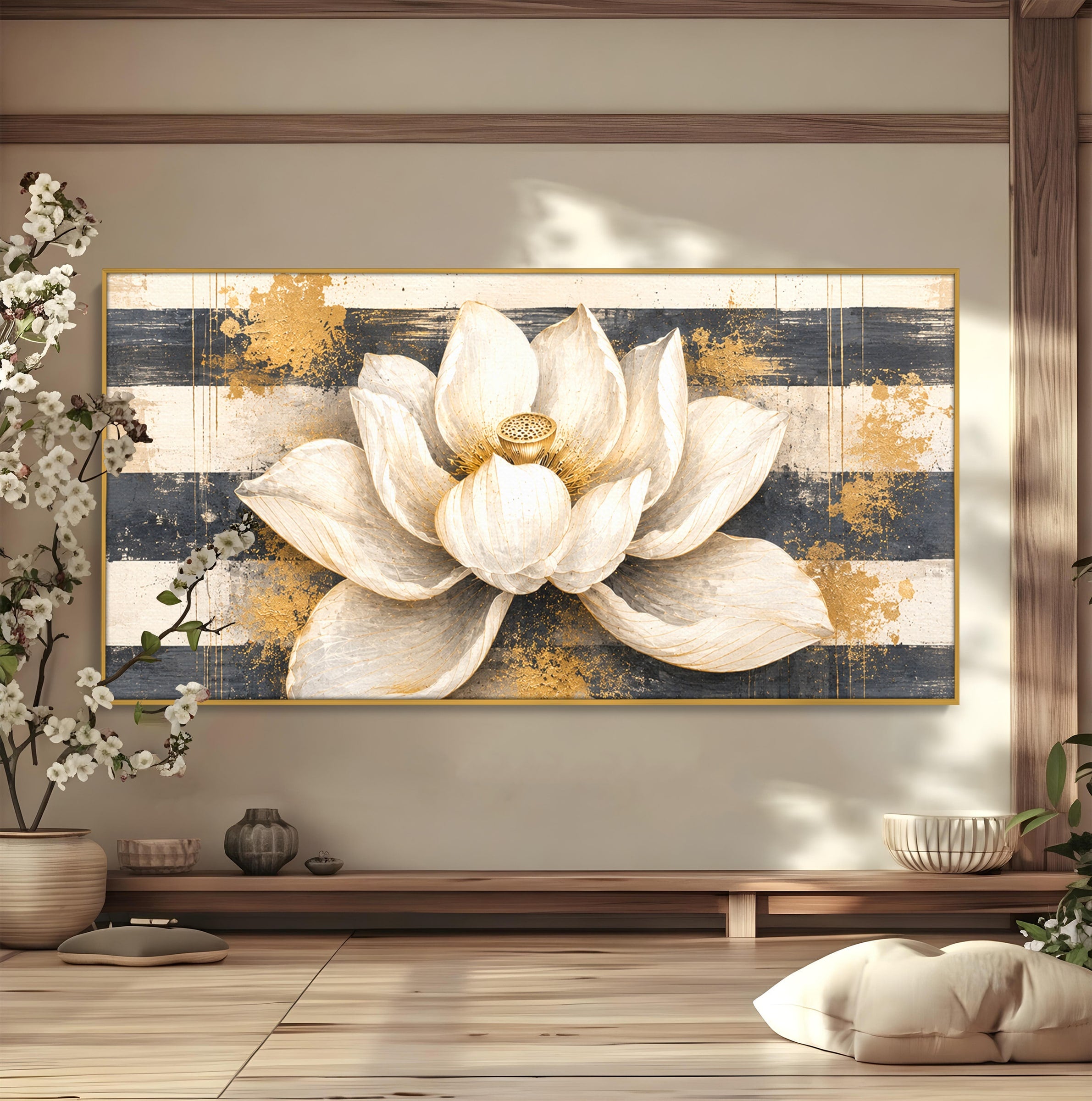 Tablou Canvas Premium LuxCanva® A1857, Floare De Lotus Aurie, Floare, Lotus, Abstract, Eleganta, Dormitor, Living, Culori Vibrante
