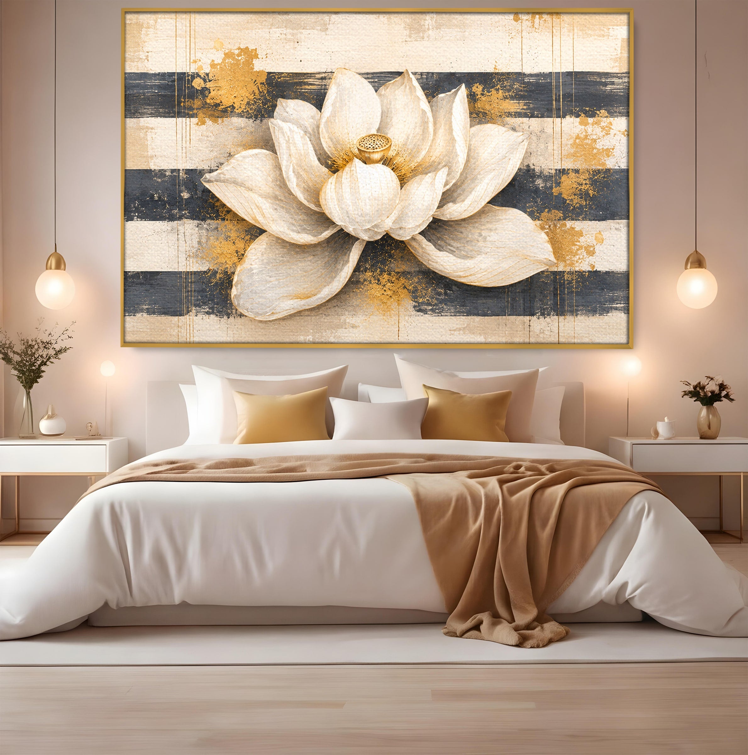 Tablou Canvas Premium LuxCanva® A1857, Floare De Lotus Aurie, Floare, Lotus, Abstract, Eleganta, Dormitor, Living, Culori Vibrante