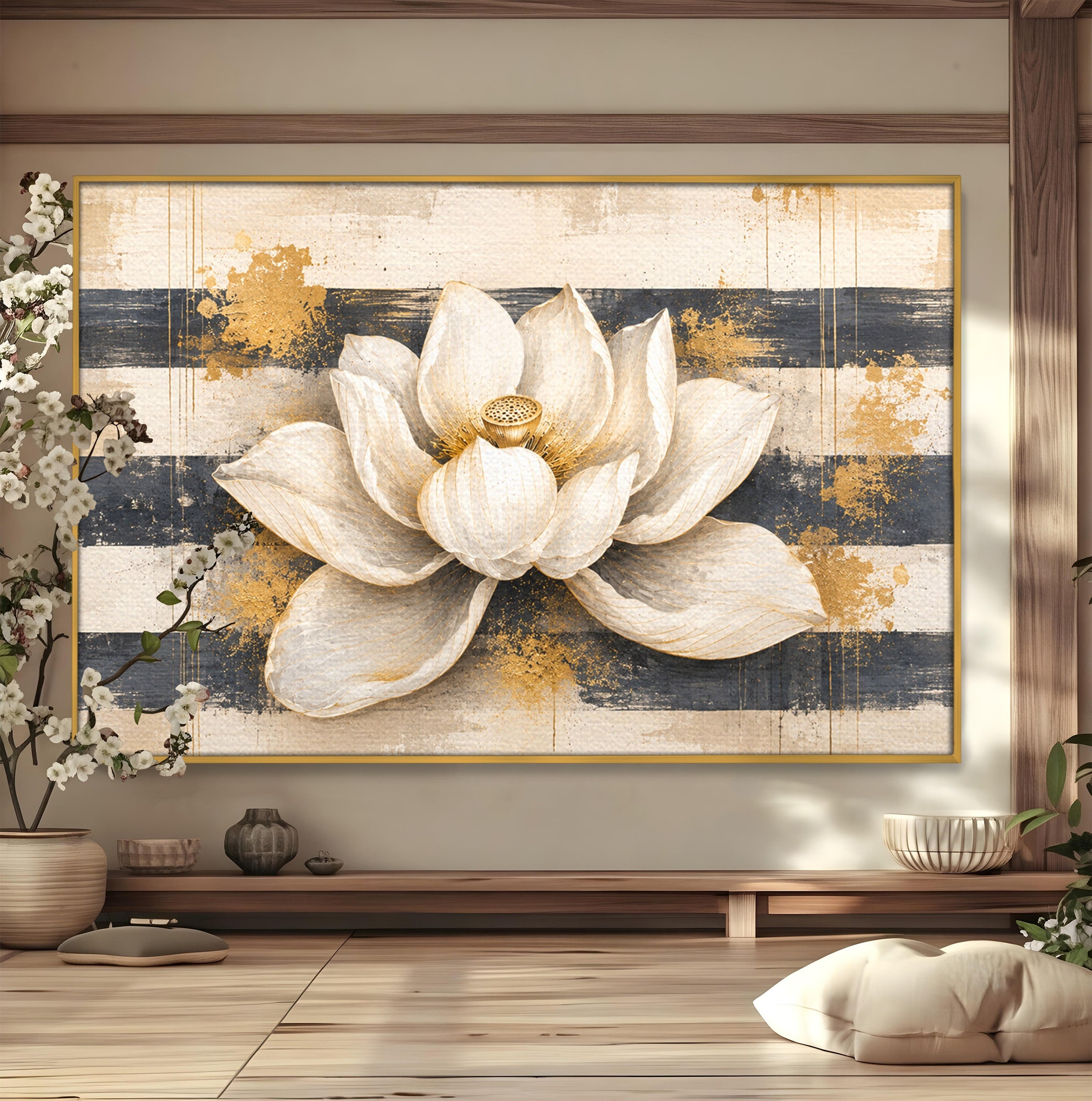 Tablou Canvas Premium LuxCanva® A1857, Floare De Lotus Aurie, Floare, Lotus, Abstract, Eleganta, Dormitor, Living, Culori Vibrante