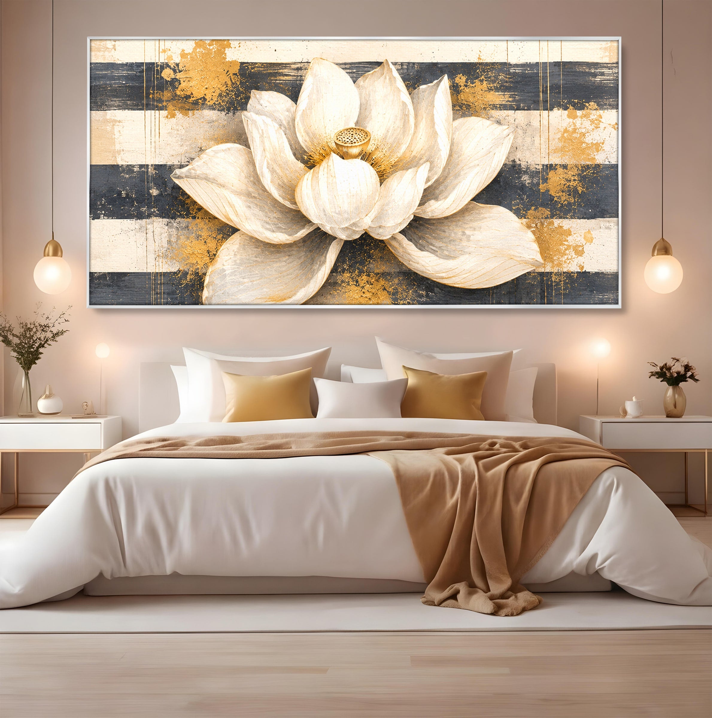 Tablou Canvas Premium LuxCanva® A1857, Floare De Lotus Aurie, Floare, Lotus, Abstract, Eleganta, Dormitor, Living, Culori Vibrante