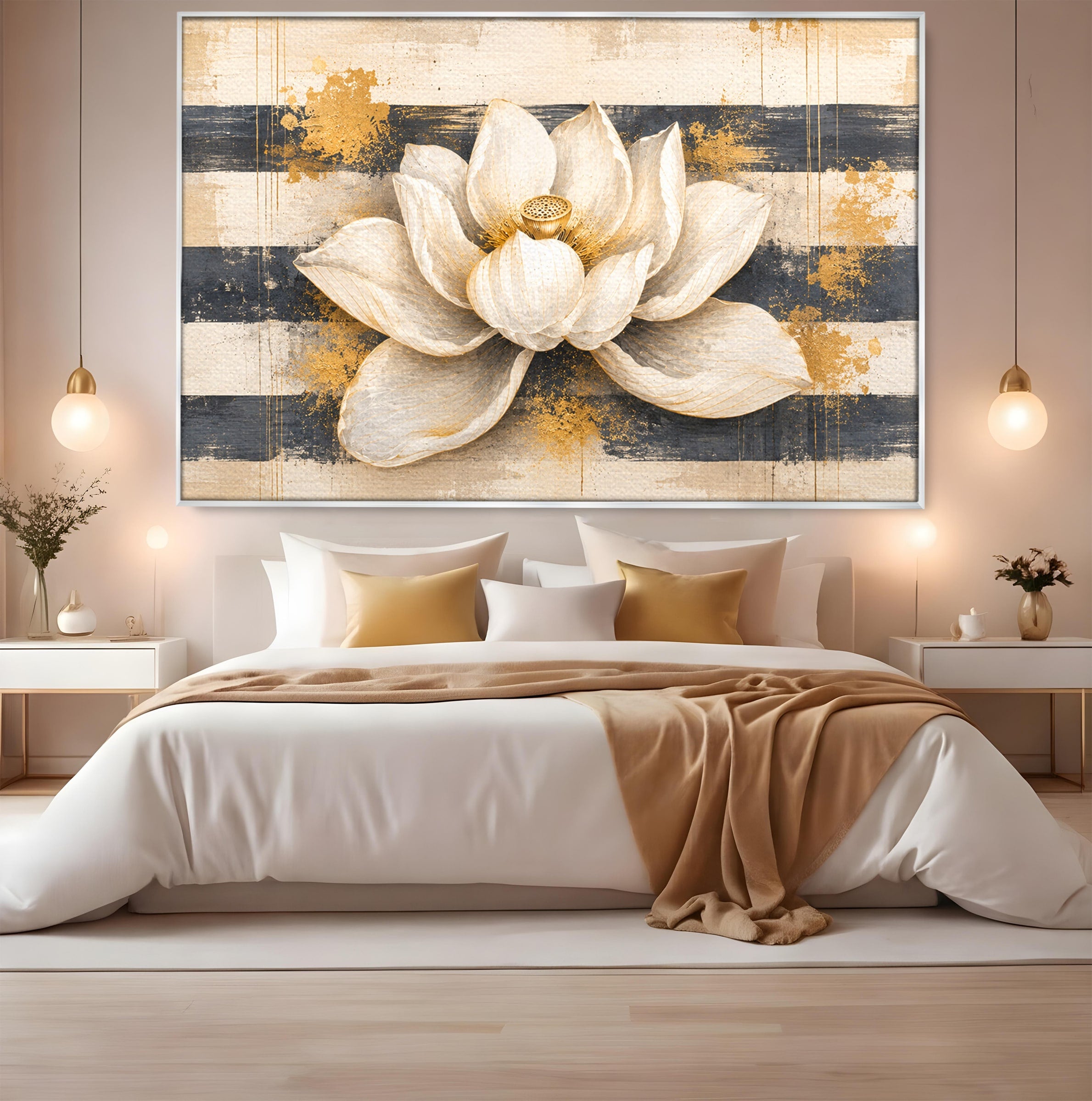 Tablou Canvas Premium LuxCanva® A1857, Floare De Lotus Aurie, Floare, Lotus, Abstract, Eleganta, Dormitor, Living, Culori Vibrante