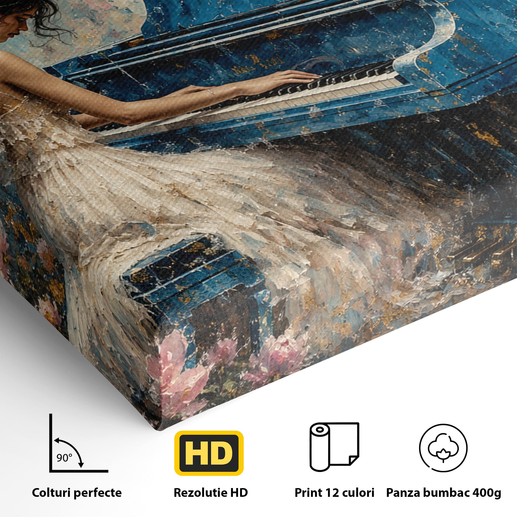Tablou Canvas Premium LuxCanva® A1860, Ingerul Muzicii, Inger, Pian, Flori, Muzica, Living, Dormitor, Culori Vibrante