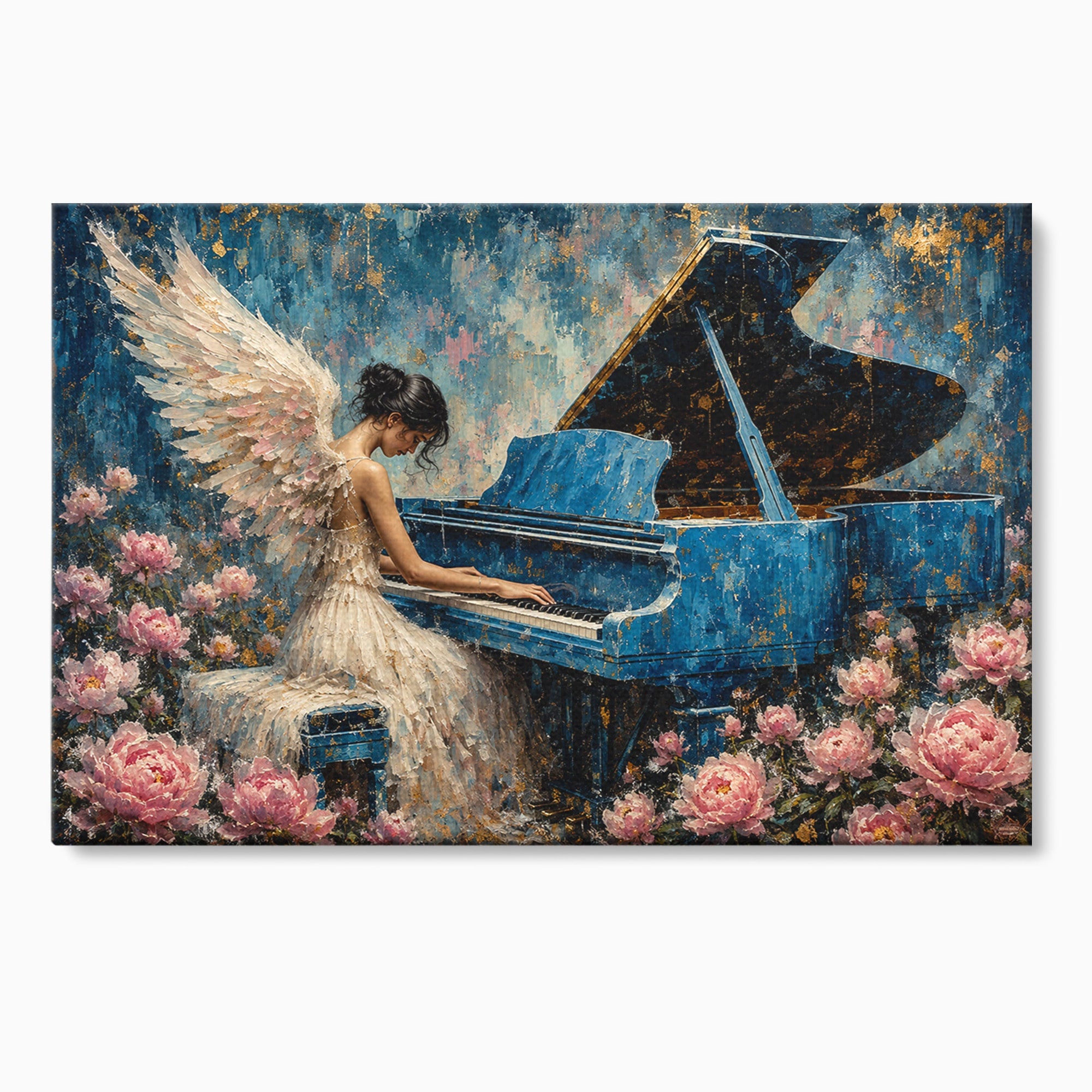 Tablou Canvas Premium LuxCanva® A1860, Ingerul Muzicii, Inger, Pian, Flori, Muzica, Living, Dormitor, Culori Vibrante