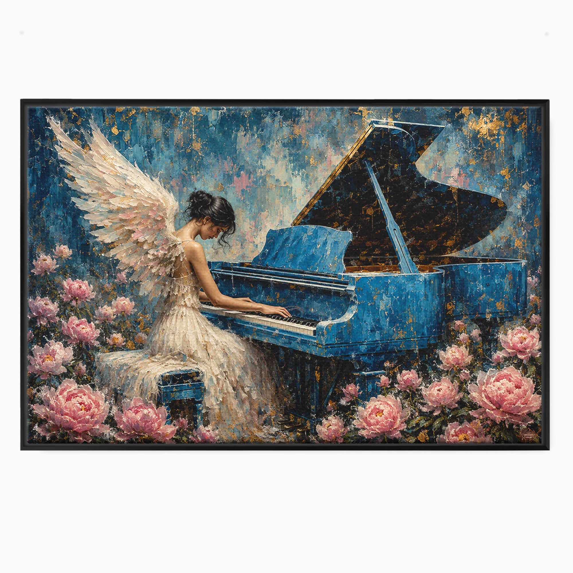 Tablou Canvas Premium LuxCanva® A1860, Ingerul Muzicii, Inger, Pian, Flori, Muzica, Living, Dormitor, Culori Vibrante