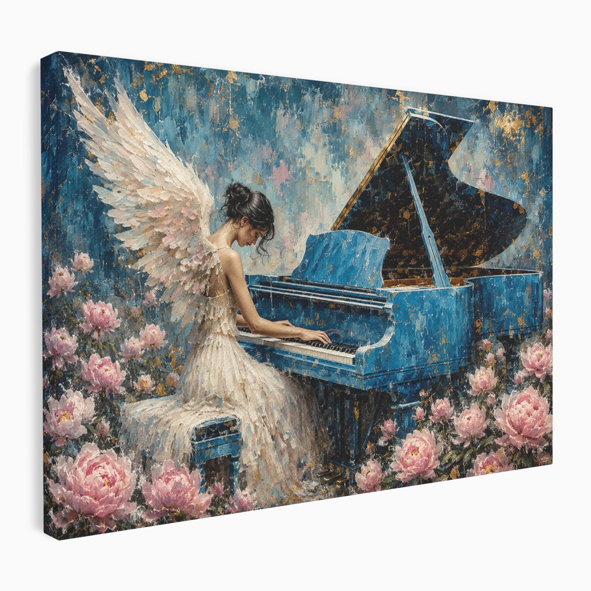 Tablou Canvas Premium LuxCanva® A1860, Ingerul Muzicii, Inger, Pian, Flori, Muzica, Living, Dormitor, Culori Vibrante