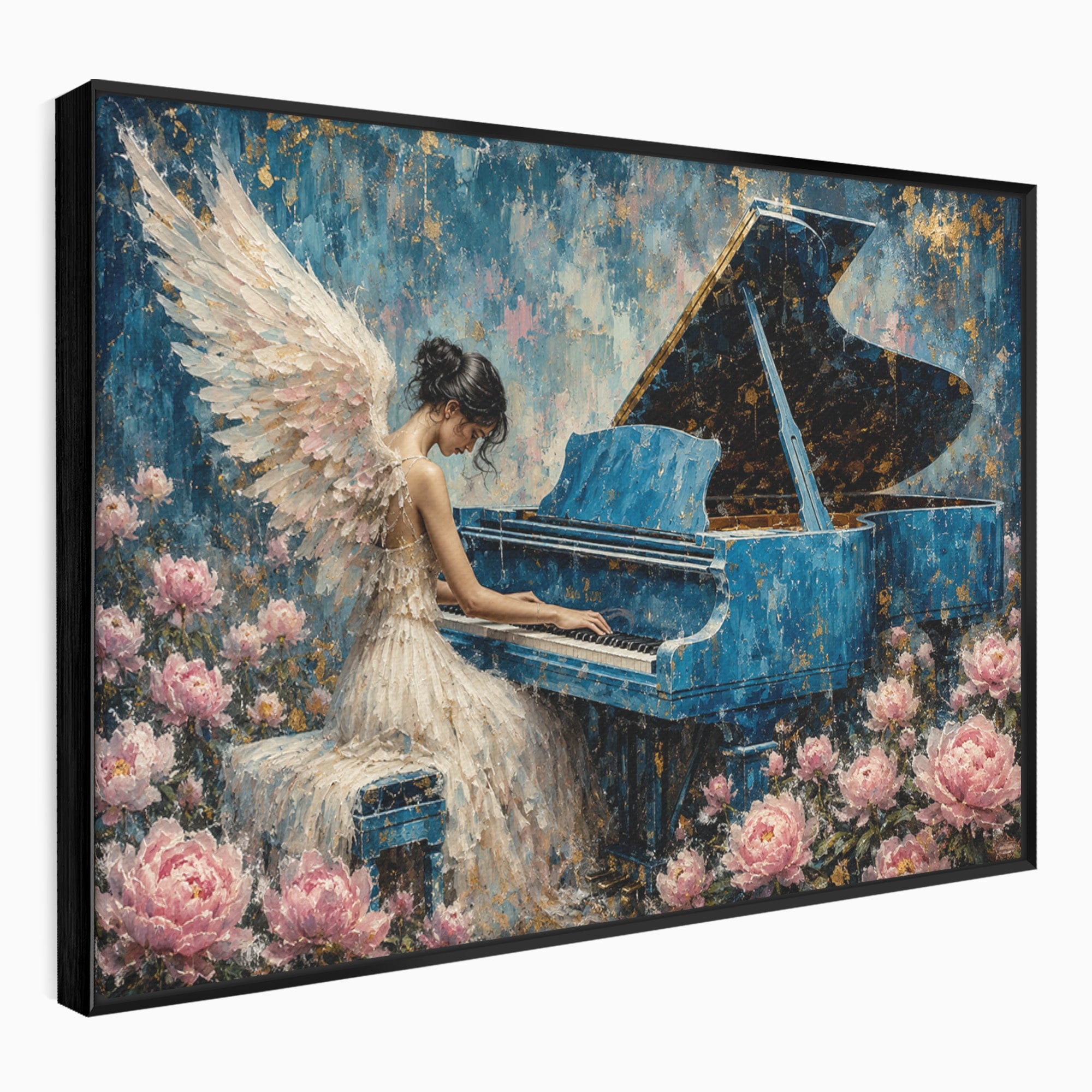 Tablou Canvas Premium LuxCanva® A1860, Ingerul Muzicii, Inger, Pian, Flori, Muzica, Living, Dormitor, Culori Vibrante
