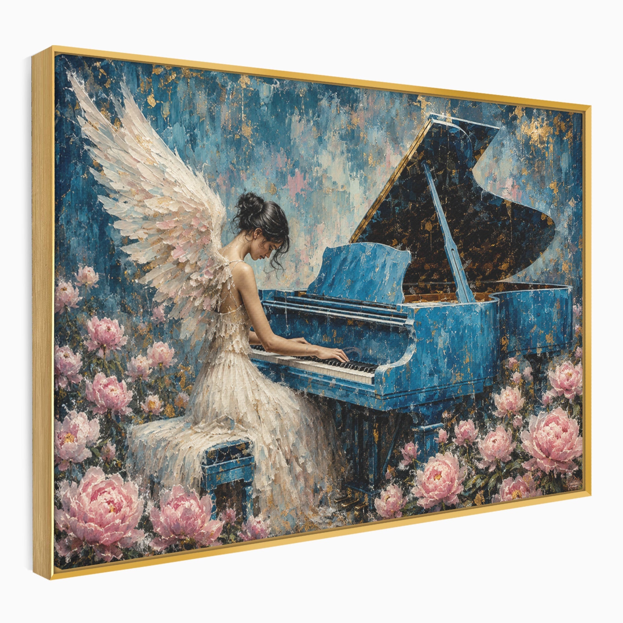 Tablou Canvas Premium LuxCanva® A1860, Ingerul Muzicii, Inger, Pian, Flori, Muzica, Living, Dormitor, Culori Vibrante