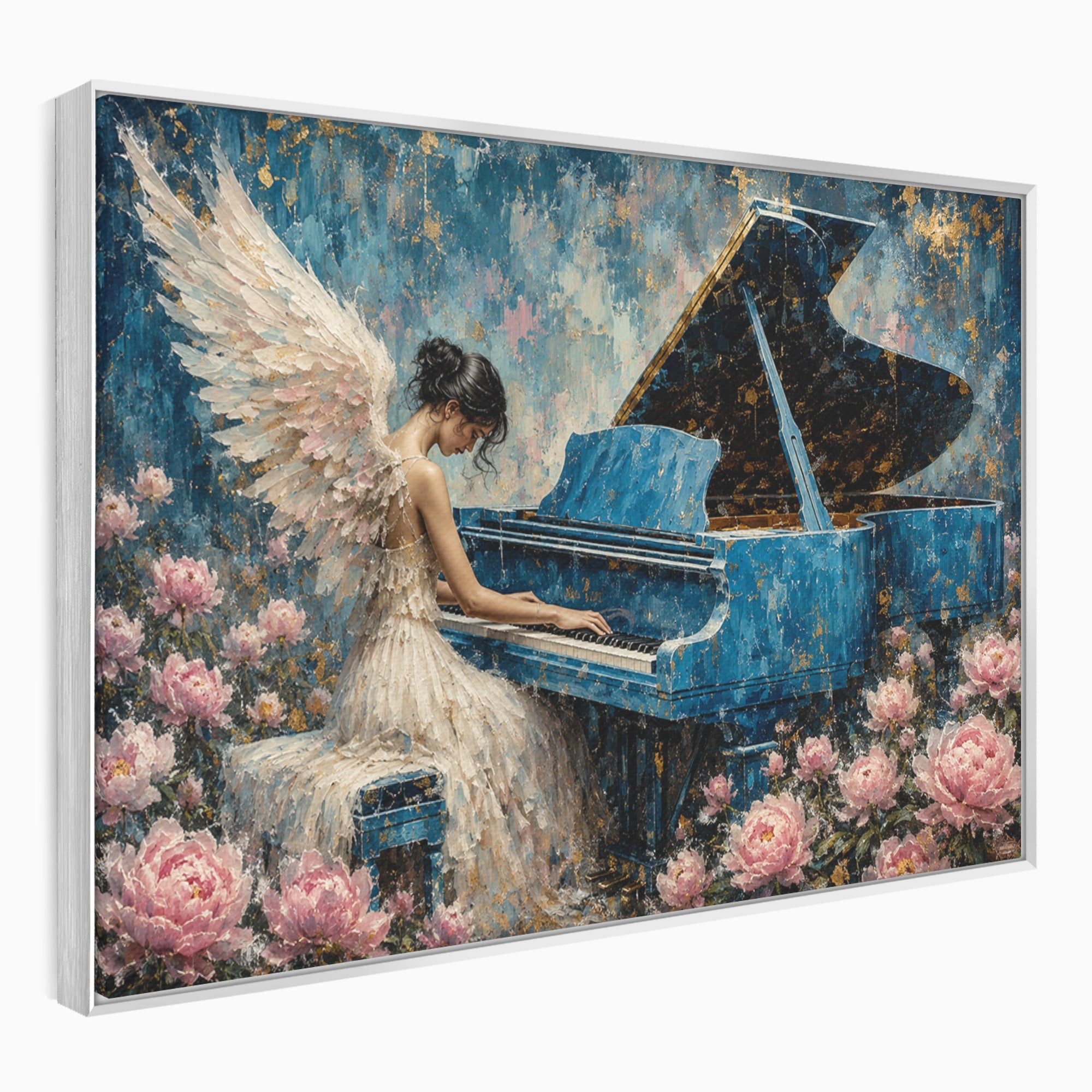 Tablou Canvas Premium LuxCanva® A1860, Ingerul Muzicii, Inger, Pian, Flori, Muzica, Living, Dormitor, Culori Vibrante