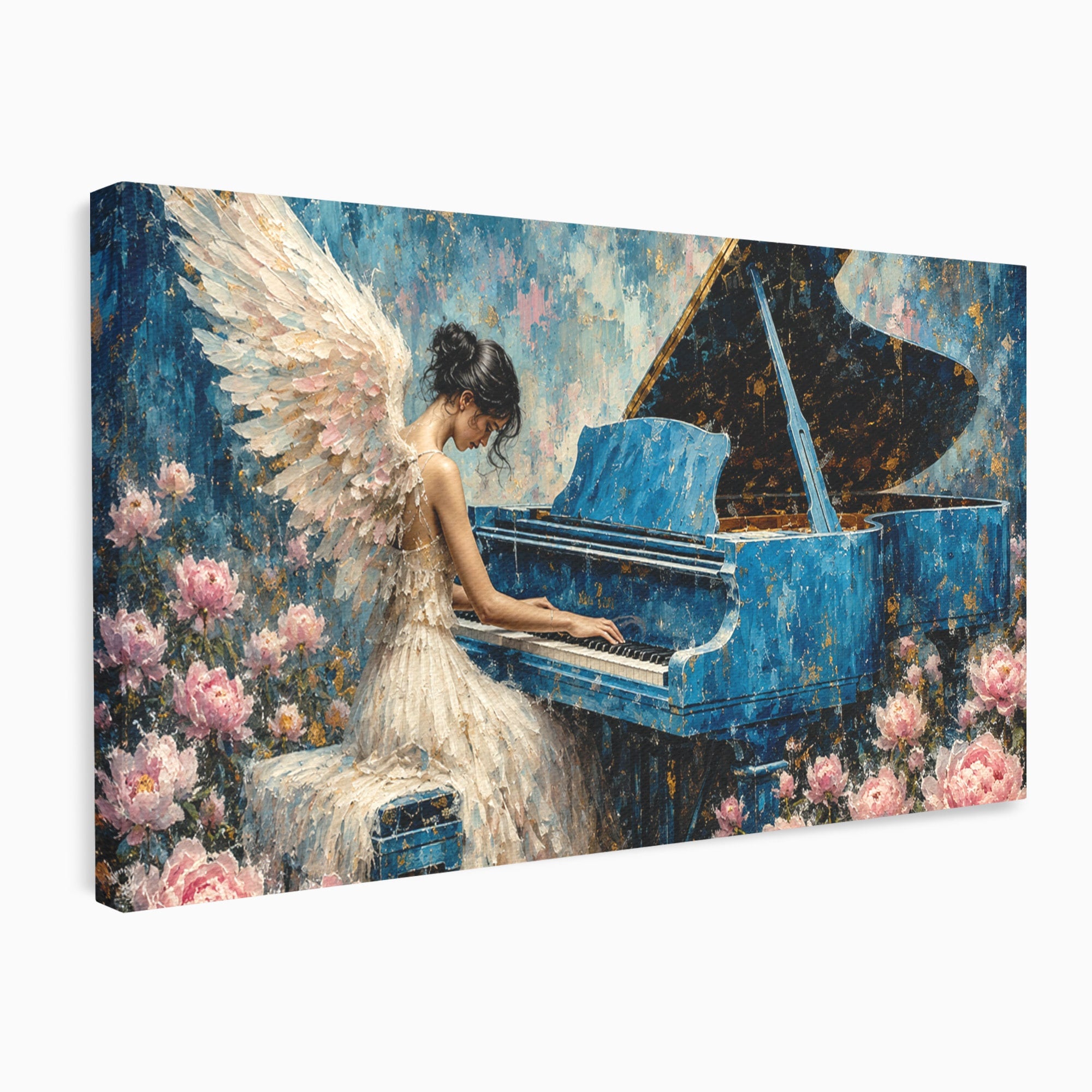 Tablou Canvas Premium LuxCanva® A1860, Ingerul Muzicii, Inger, Pian, Flori, Muzica, Living, Dormitor, Culori Vibrante
