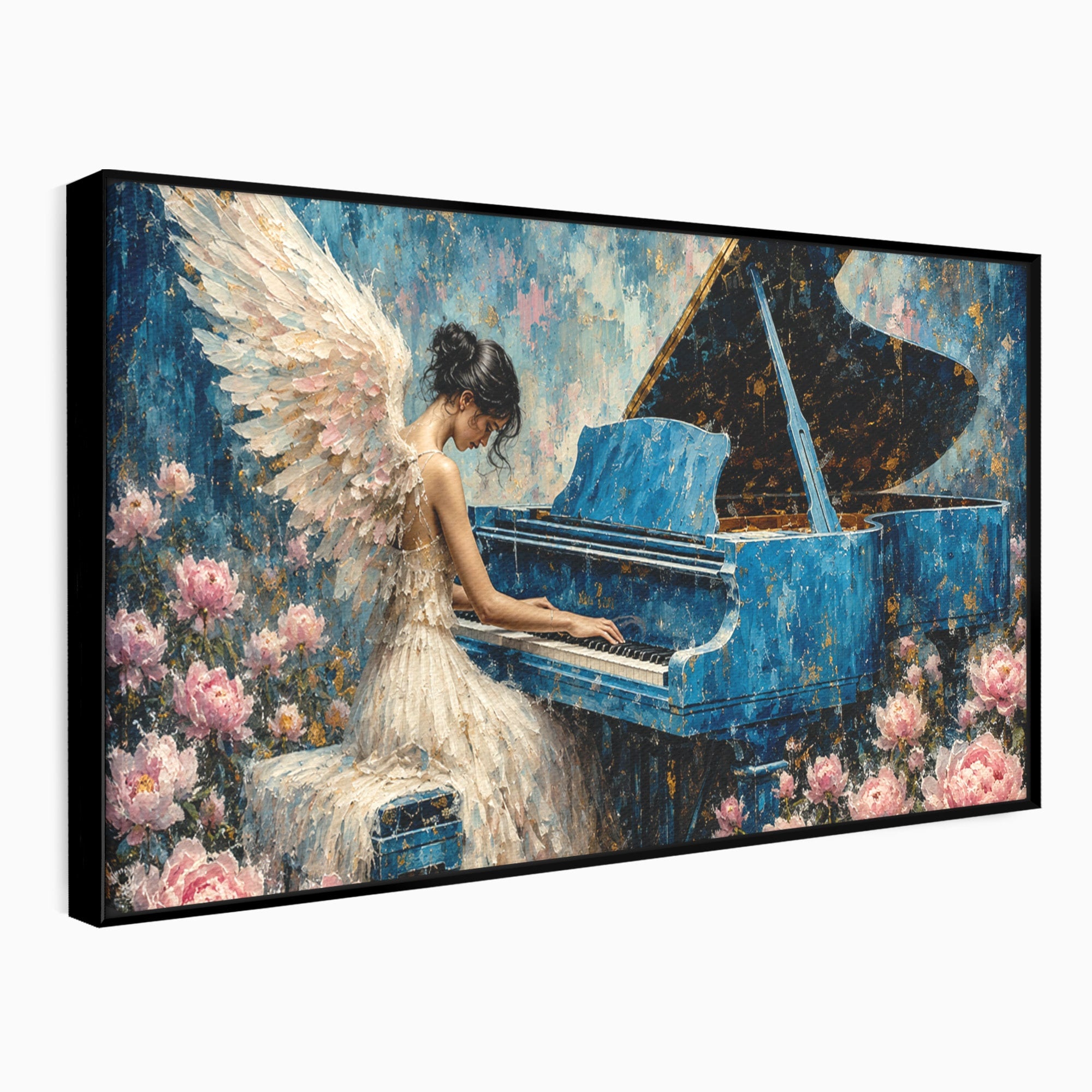 Tablou Canvas Premium LuxCanva® A1860, Ingerul Muzicii, Inger, Pian, Flori, Muzica, Living, Dormitor, Culori Vibrante
