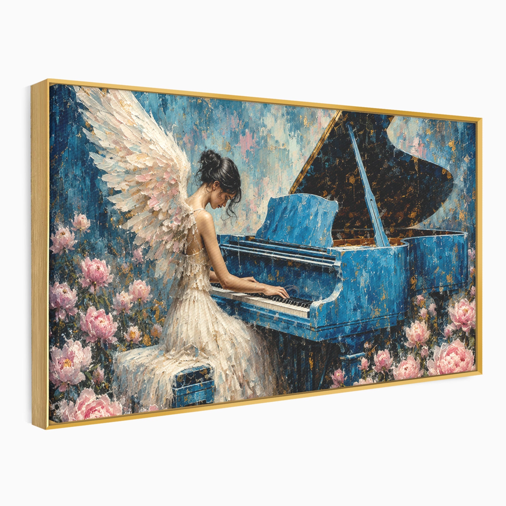 Tablou Canvas Premium LuxCanva® A1860, Ingerul Muzicii, Inger, Pian, Flori, Muzica, Living, Dormitor, Culori Vibrante
