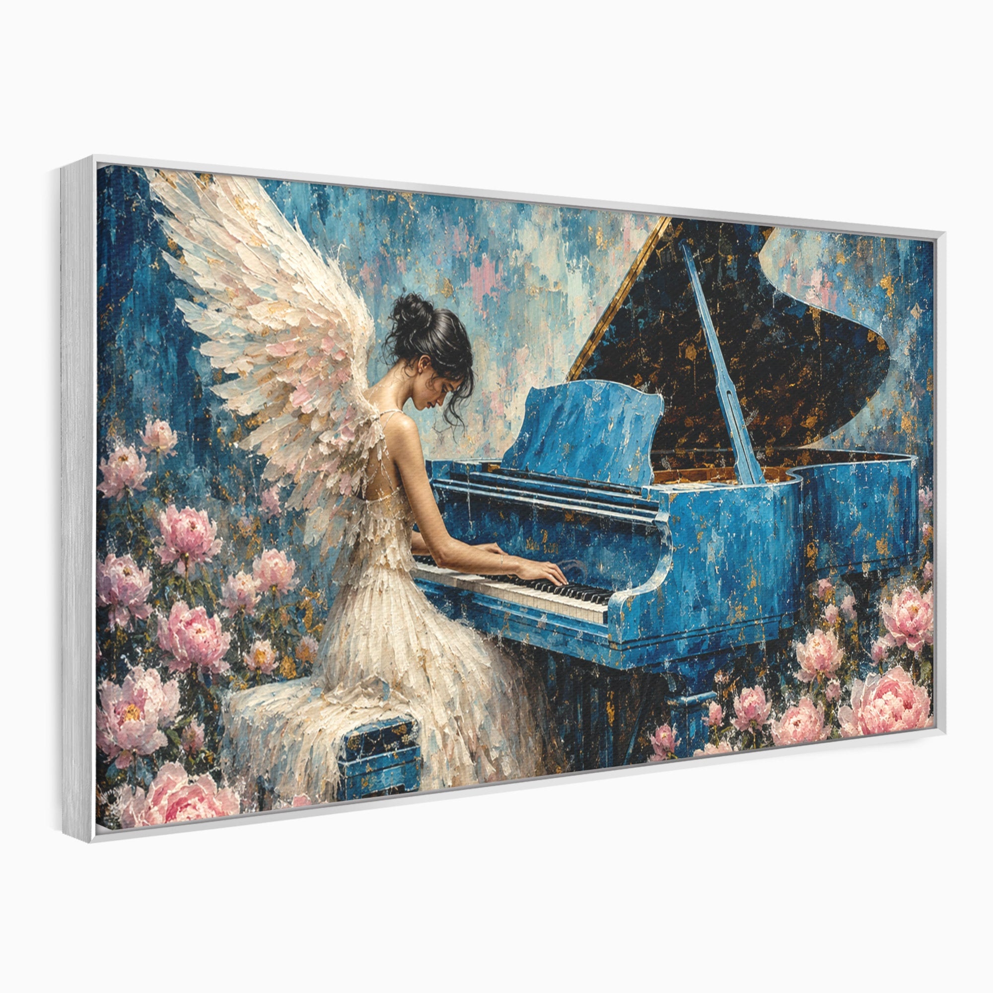 Tablou Canvas Premium LuxCanva® A1860, Ingerul Muzicii, Inger, Pian, Flori, Muzica, Living, Dormitor, Culori Vibrante
