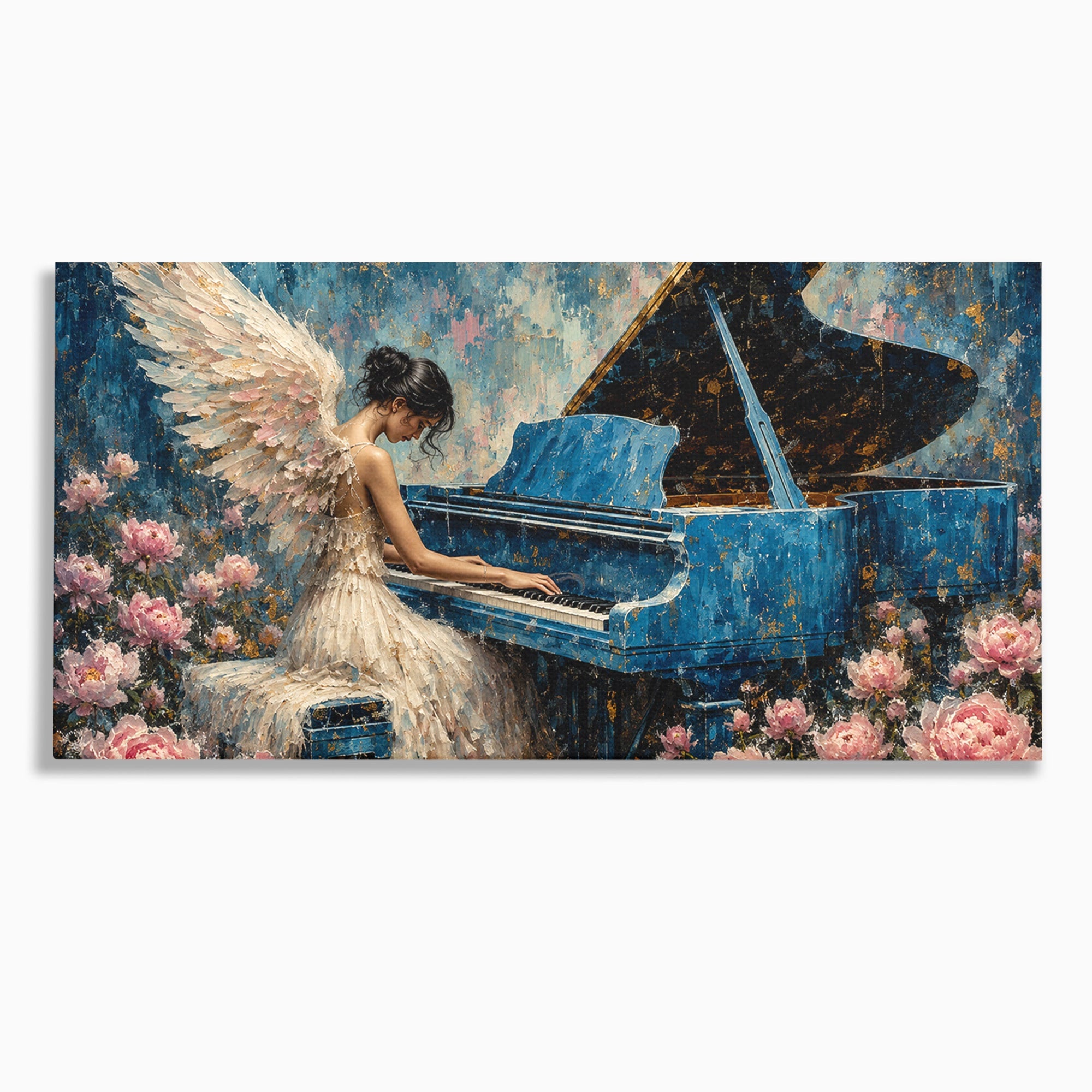 Tablou Canvas Premium LuxCanva® A1860, Ingerul Muzicii, Inger, Pian, Flori, Muzica, Living, Dormitor, Culori Vibrante