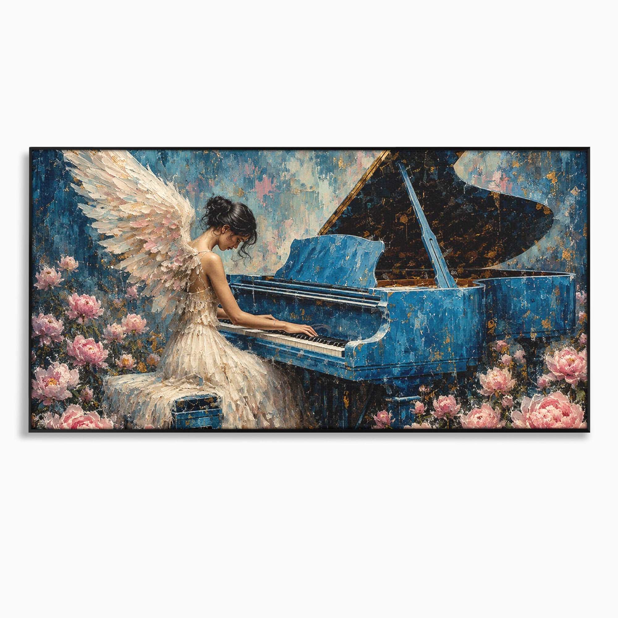 Tablou Canvas Premium LuxCanva® A1860, Ingerul Muzicii, Inger, Pian, Flori, Muzica, Living, Dormitor, Culori Vibrante