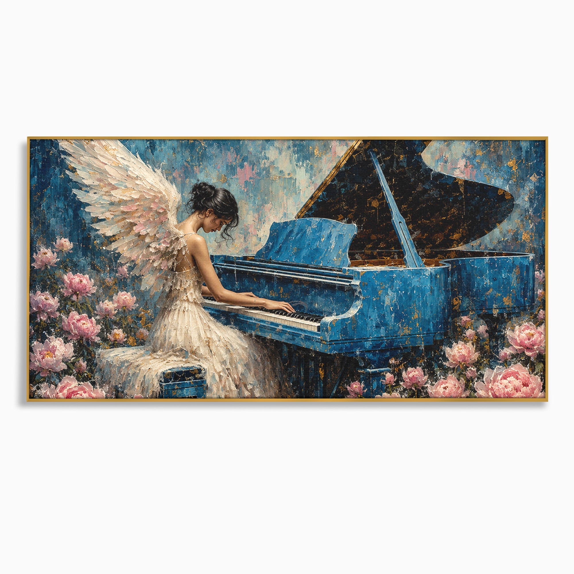 Tablou Canvas Premium LuxCanva® A1860, Ingerul Muzicii, Inger, Pian, Flori, Muzica, Living, Dormitor, Culori Vibrante