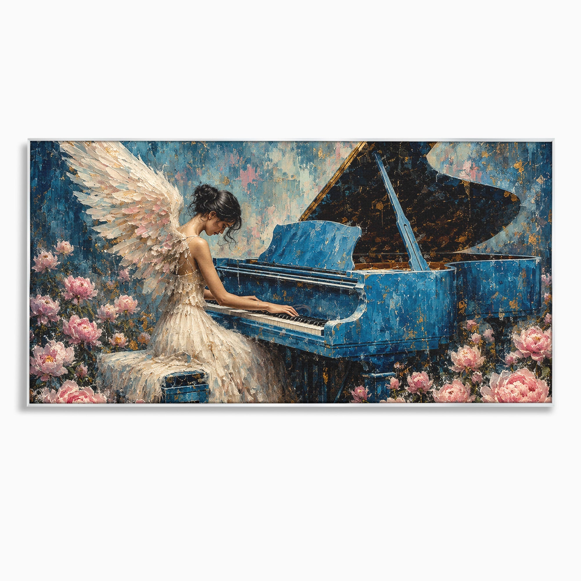 Tablou Canvas Premium LuxCanva® A1860, Ingerul Muzicii, Inger, Pian, Flori, Muzica, Living, Dormitor, Culori Vibrante