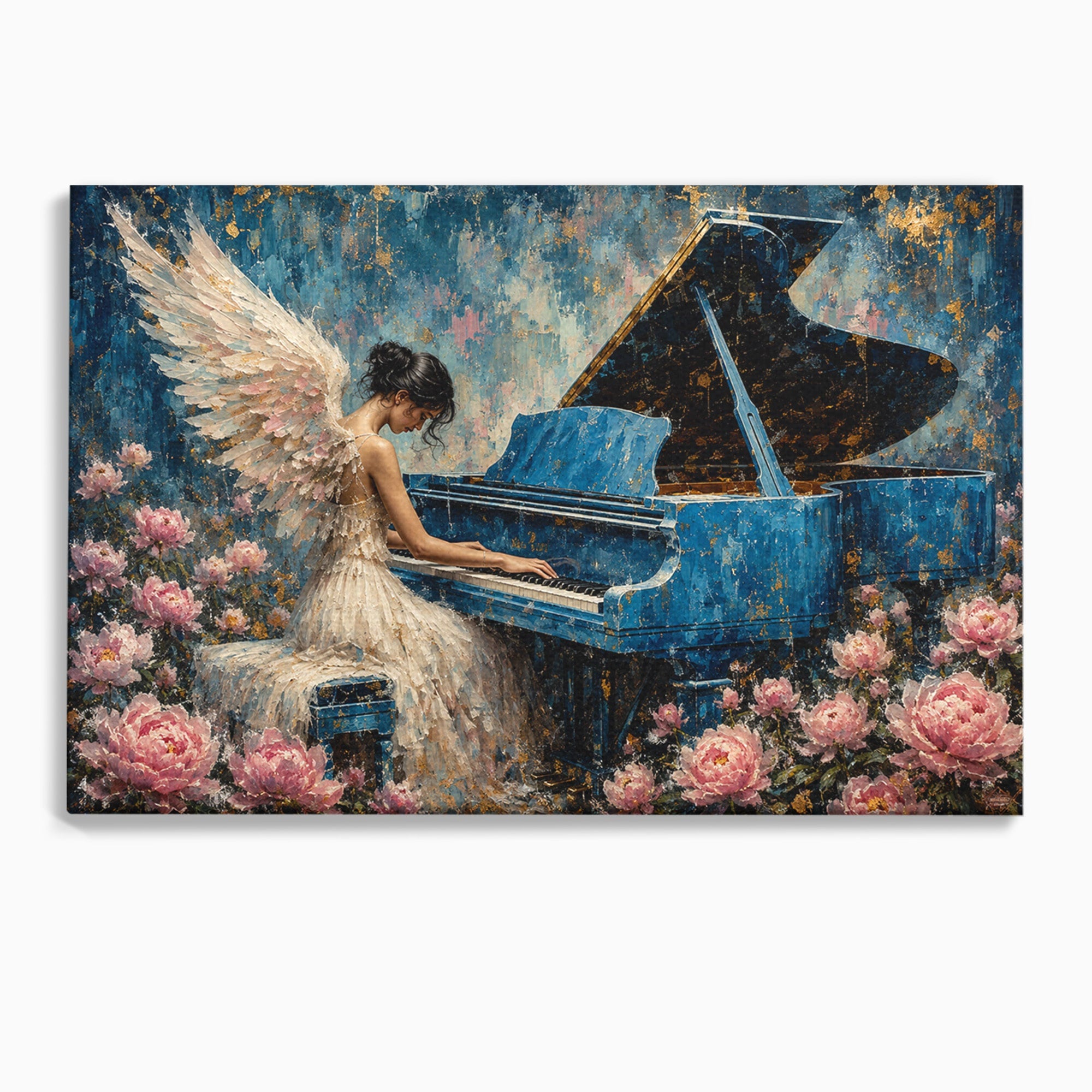 Tablou Canvas Premium LuxCanva® A1860, Ingerul Muzicii, Inger, Pian, Flori, Muzica, Living, Dormitor, Culori Vibrante