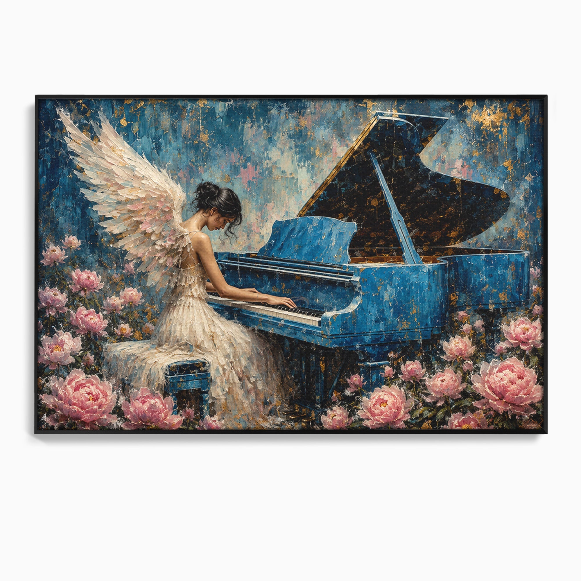 Tablou Canvas Premium LuxCanva® A1860, Ingerul Muzicii, Inger, Pian, Flori, Muzica, Living, Dormitor, Culori Vibrante