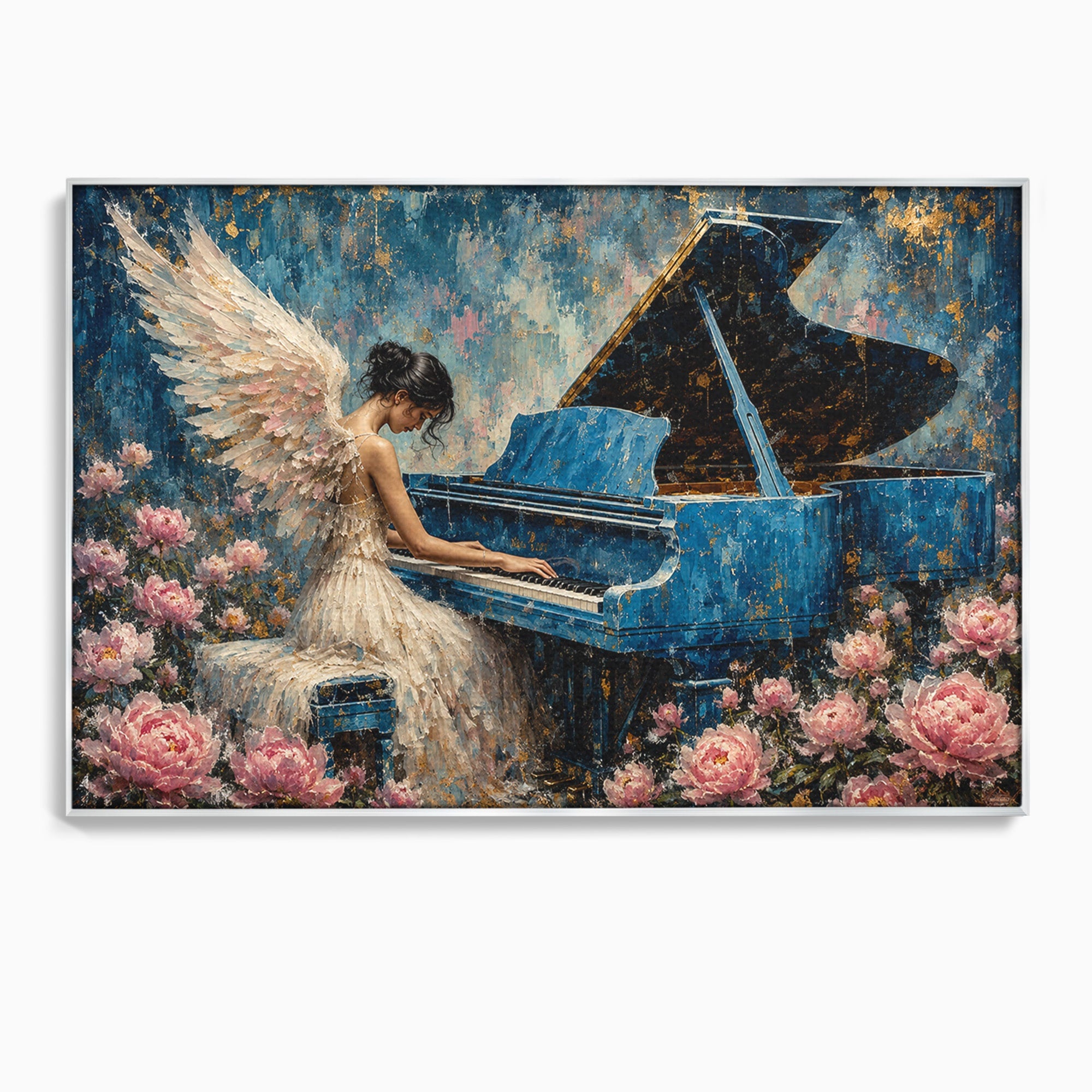 Tablou Canvas Premium LuxCanva® A1860, Ingerul Muzicii, Inger, Pian, Flori, Muzica, Living, Dormitor, Culori Vibrante