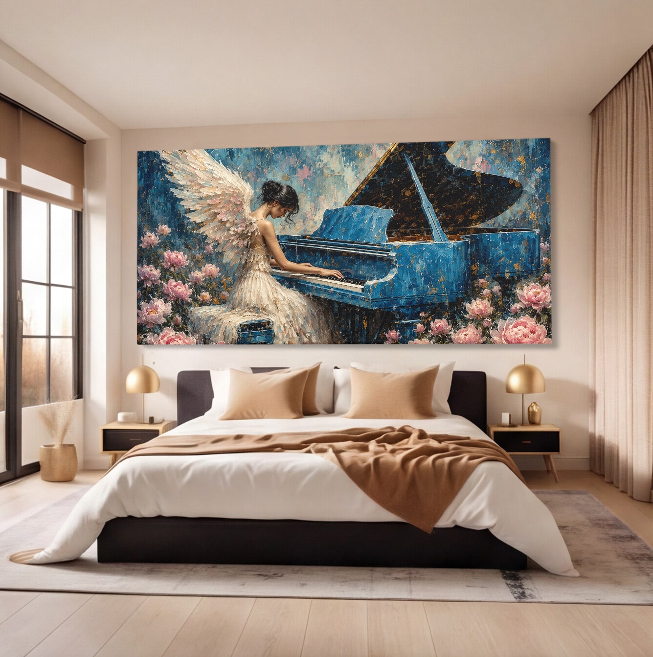 Tablou Canvas Premium LuxCanva® A1860, Ingerul Muzicii, Inger, Pian, Flori, Muzica, Living, Dormitor, Culori Vibrante