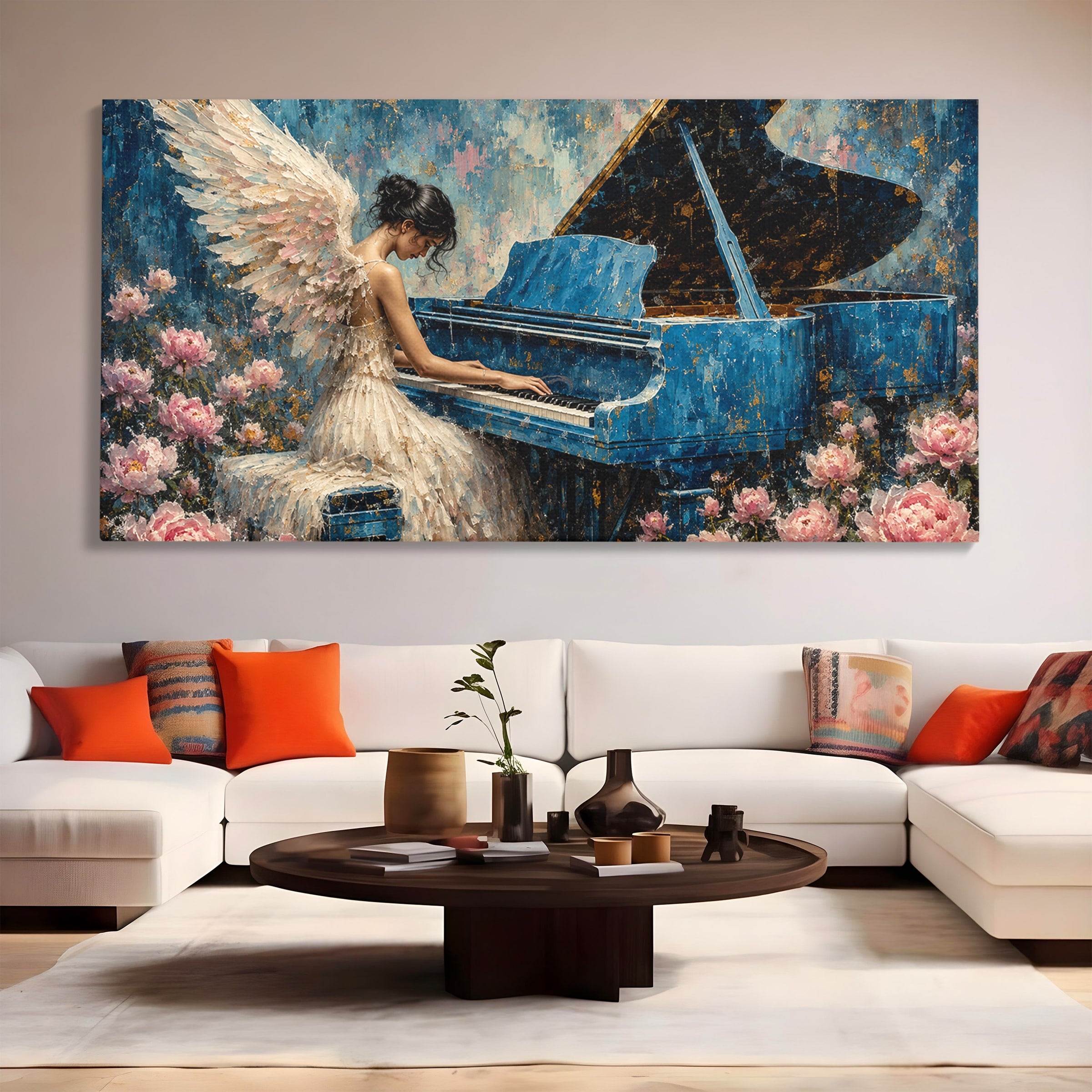 Tablou Canvas Premium LuxCanva® A1860, Ingerul Muzicii, Inger, Pian, Flori, Muzica, Living, Dormitor, Culori Vibrante