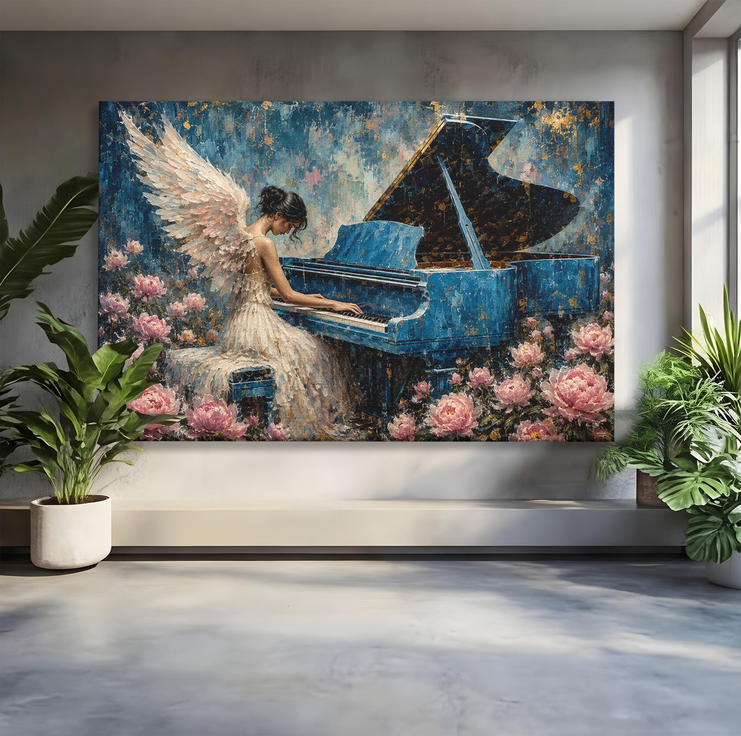 Tablou Canvas Premium LuxCanva® A1860, Ingerul Muzicii, Inger, Pian, Flori, Muzica, Living, Dormitor, Culori Vibrante