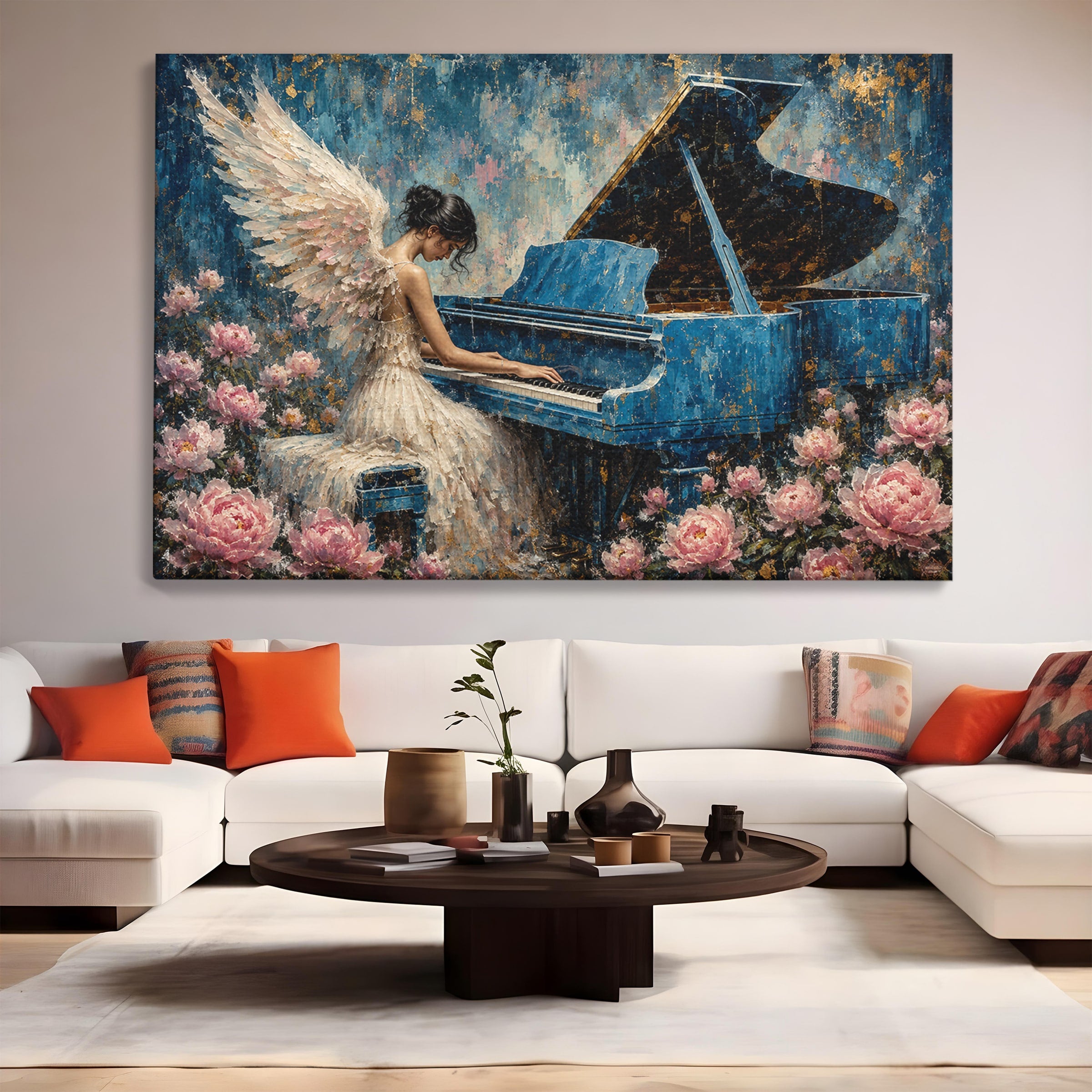 Tablou Canvas Premium LuxCanva® A1860, Ingerul Muzicii, Inger, Pian, Flori, Muzica, Living, Dormitor, Culori Vibrante