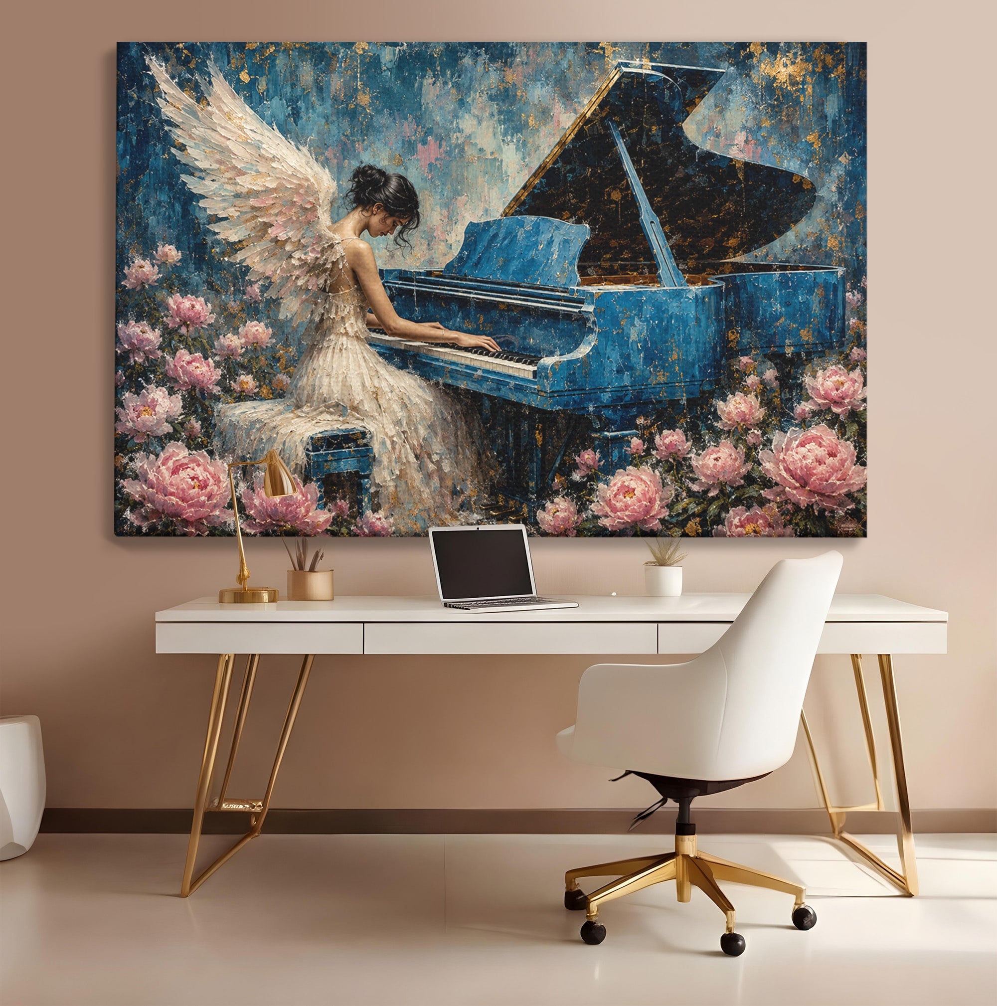 Tablou Canvas Premium LuxCanva® A1860, Ingerul Muzicii, Inger, Pian, Flori, Muzica, Living, Dormitor, Culori Vibrante