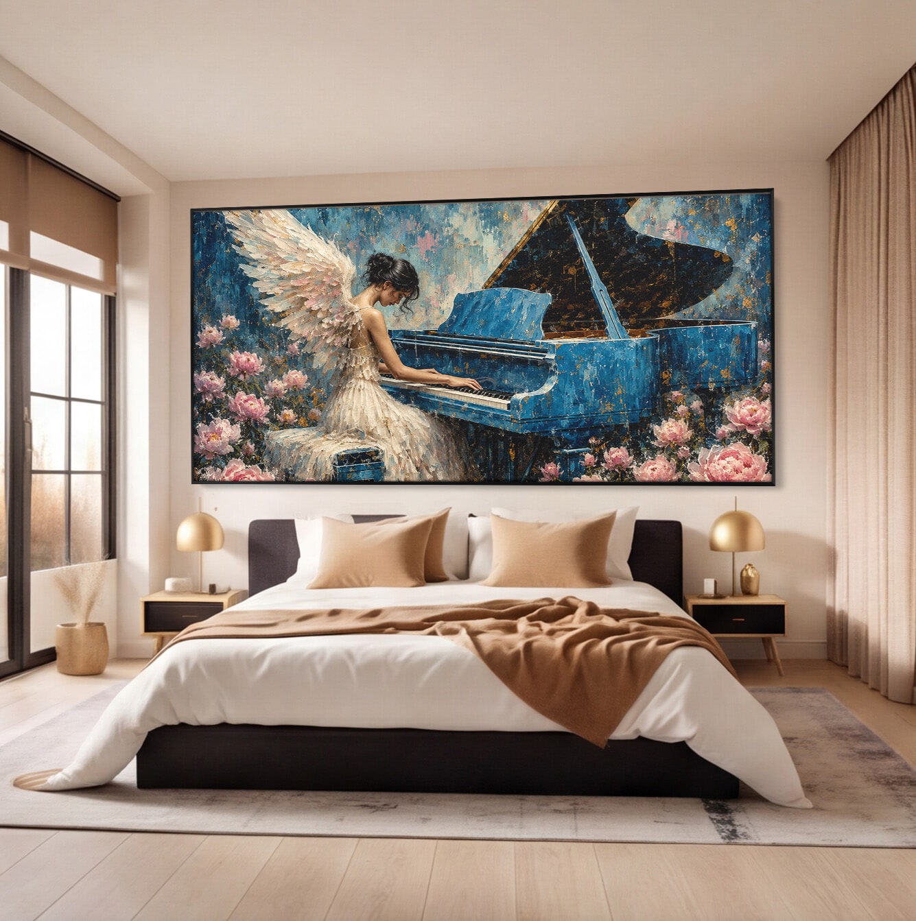 Tablou Canvas Premium LuxCanva® A1860, Ingerul Muzicii, Inger, Pian, Flori, Muzica, Living, Dormitor, Culori Vibrante