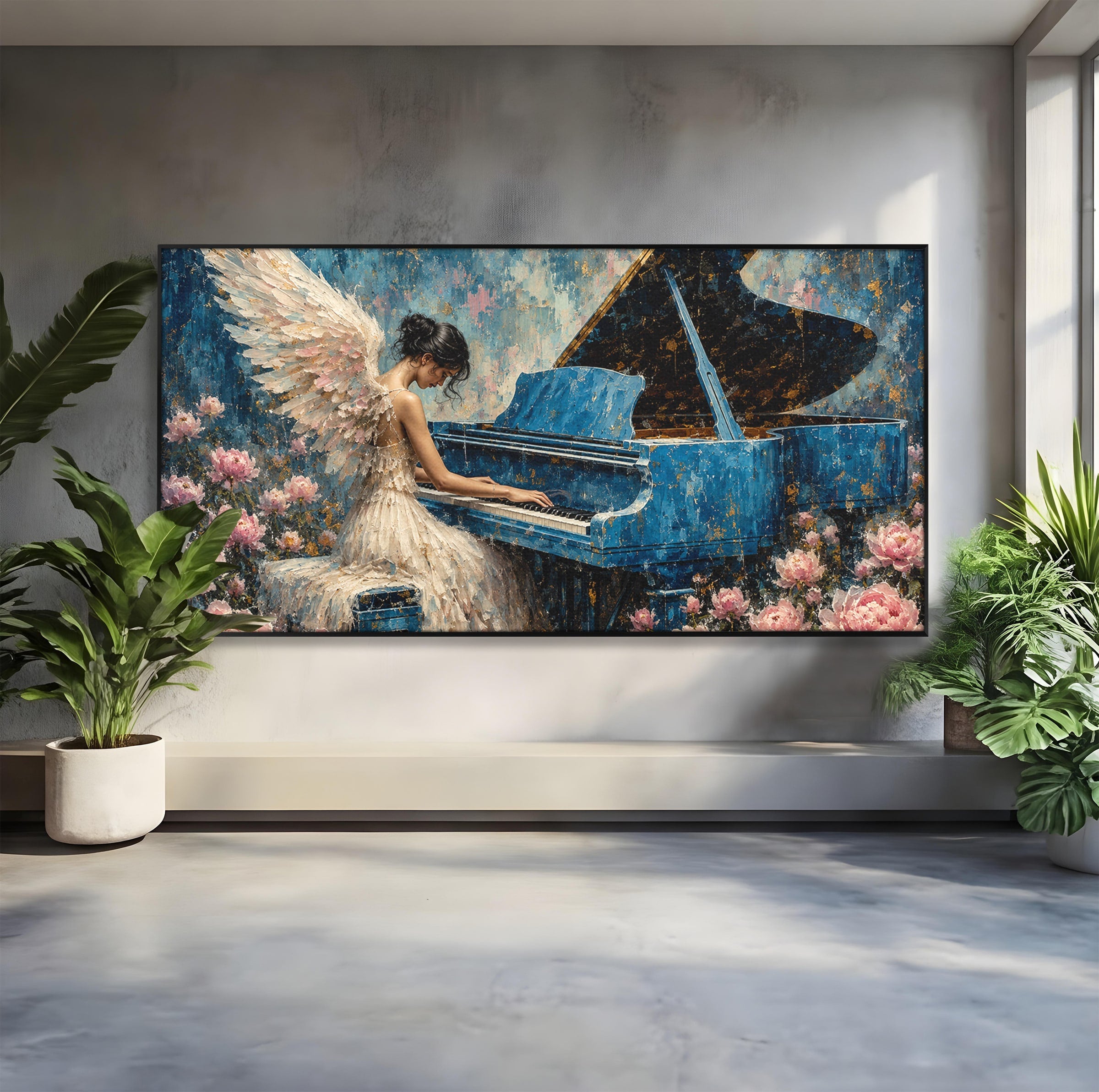 Tablou Canvas Premium LuxCanva® A1860, Ingerul Muzicii, Inger, Pian, Flori, Muzica, Living, Dormitor, Culori Vibrante