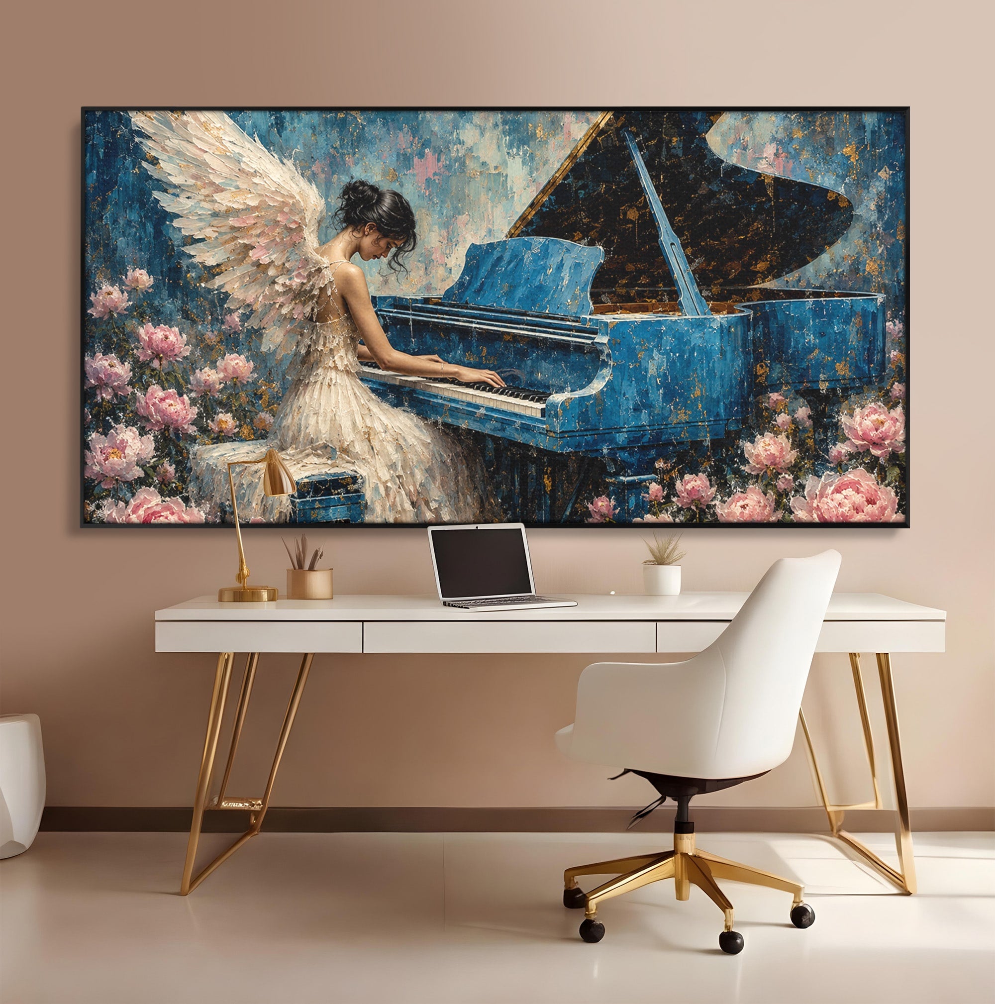 Tablou Canvas Premium LuxCanva® A1860, Ingerul Muzicii, Inger, Pian, Flori, Muzica, Living, Dormitor, Culori Vibrante