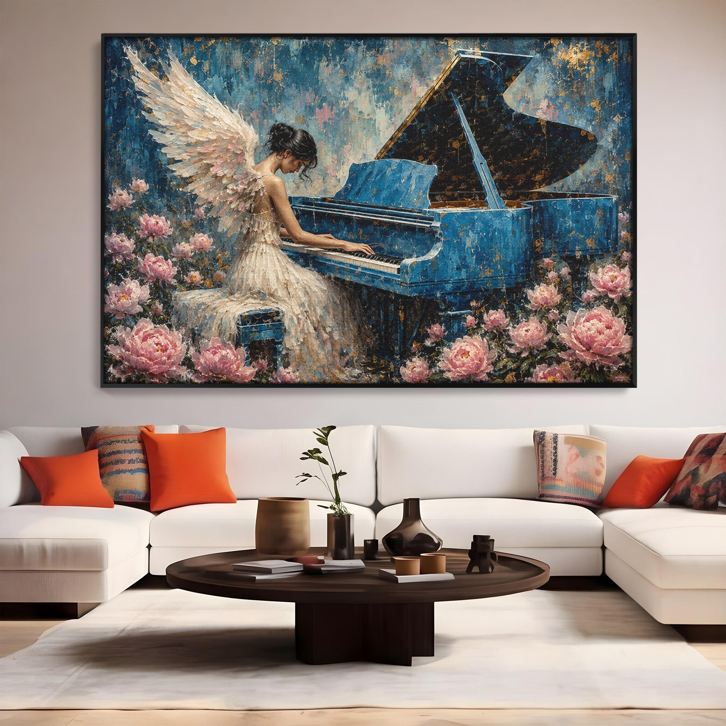 Tablou Canvas Premium LuxCanva® A1860, Ingerul Muzicii, Inger, Pian, Flori, Muzica, Living, Dormitor, Culori Vibrante