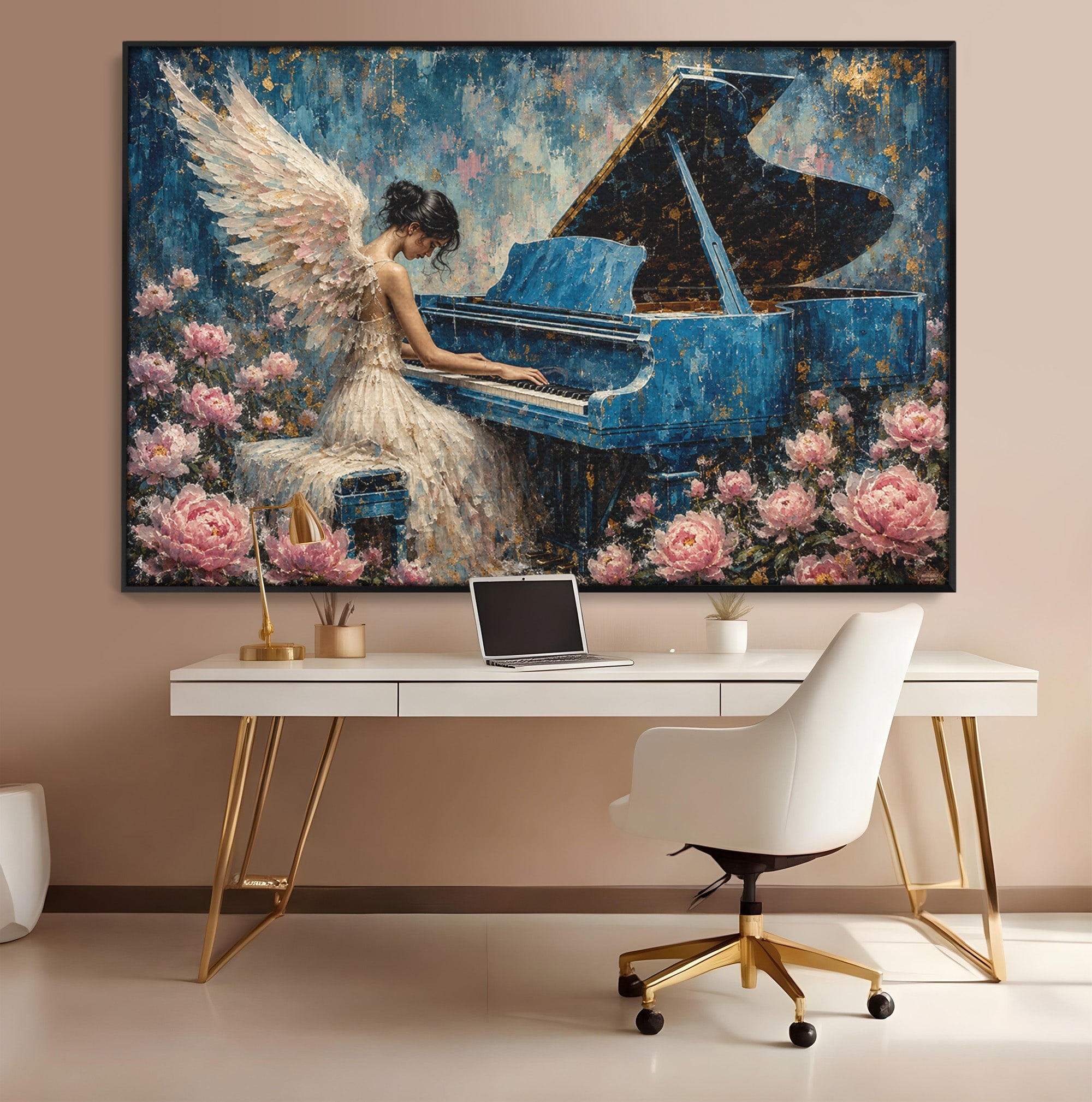 Tablou Canvas Premium LuxCanva® A1860, Ingerul Muzicii, Inger, Pian, Flori, Muzica, Living, Dormitor, Culori Vibrante