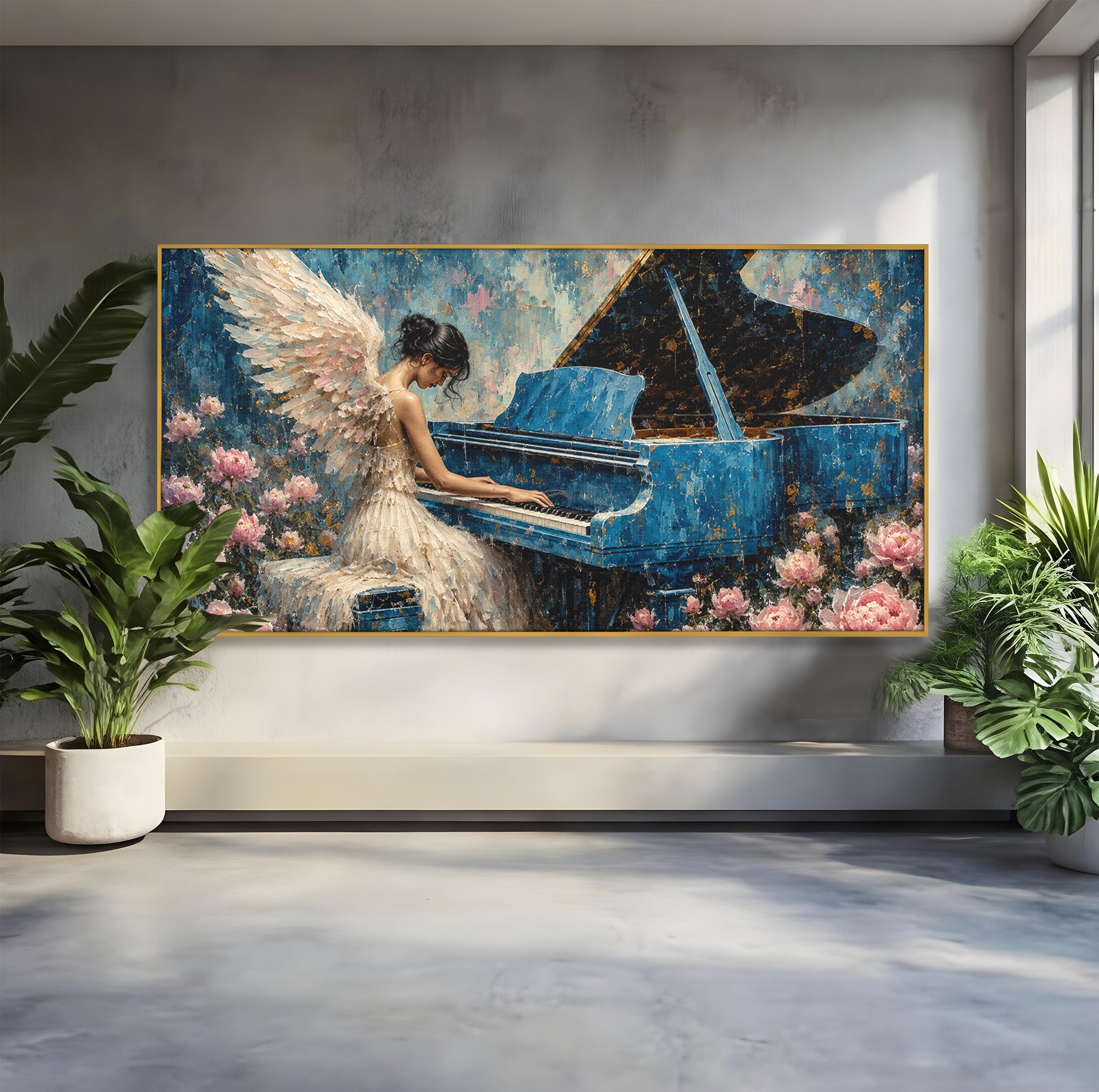 Tablou Canvas Premium LuxCanva® A1860, Ingerul Muzicii, Inger, Pian, Flori, Muzica, Living, Dormitor, Culori Vibrante