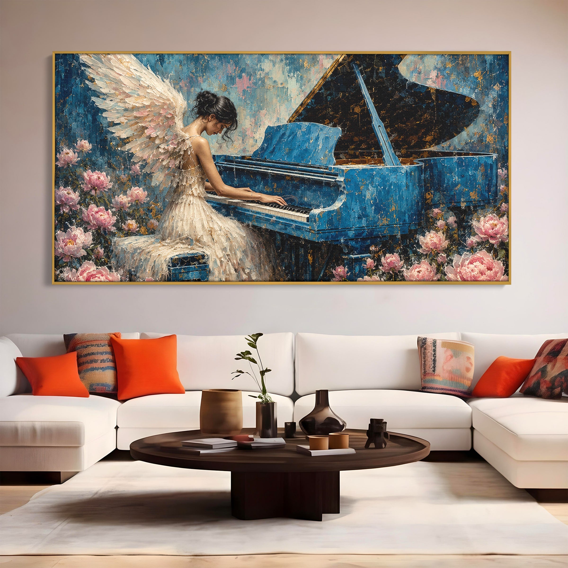 Tablou Canvas Premium LuxCanva® A1860, Ingerul Muzicii, Inger, Pian, Flori, Muzica, Living, Dormitor, Culori Vibrante