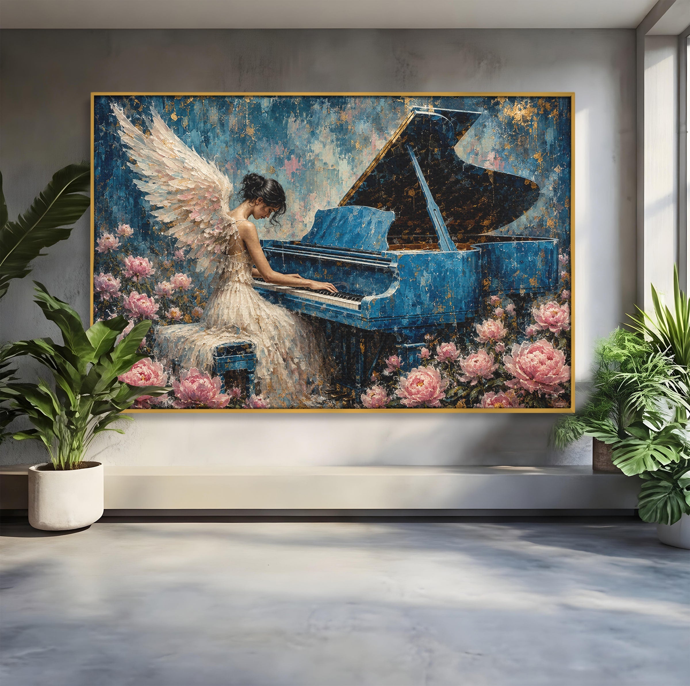 Tablou Canvas Premium LuxCanva® A1860, Ingerul Muzicii, Inger, Pian, Flori, Muzica, Living, Dormitor, Culori Vibrante