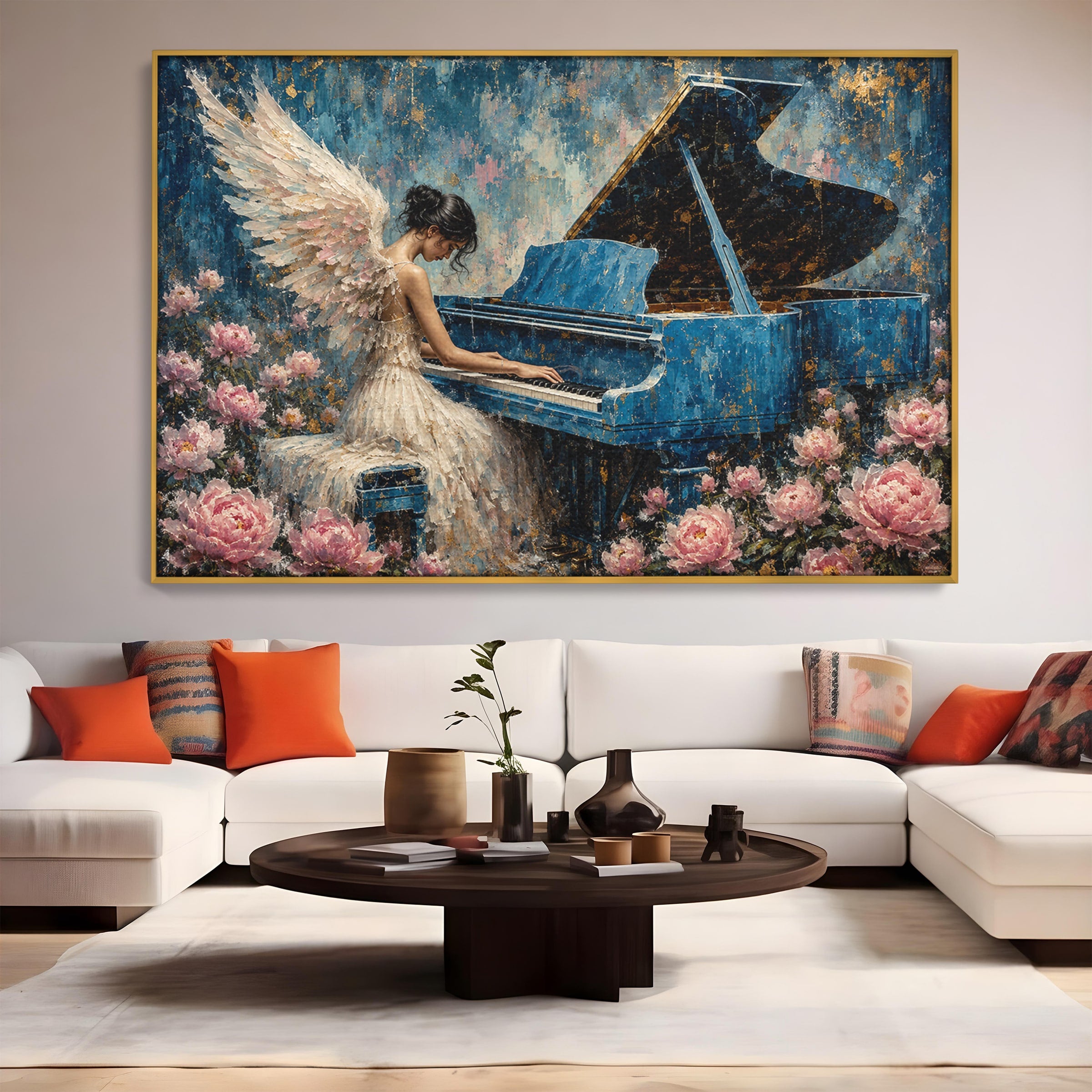 Tablou Canvas Premium LuxCanva® A1860, Ingerul Muzicii, Inger, Pian, Flori, Muzica, Living, Dormitor, Culori Vibrante