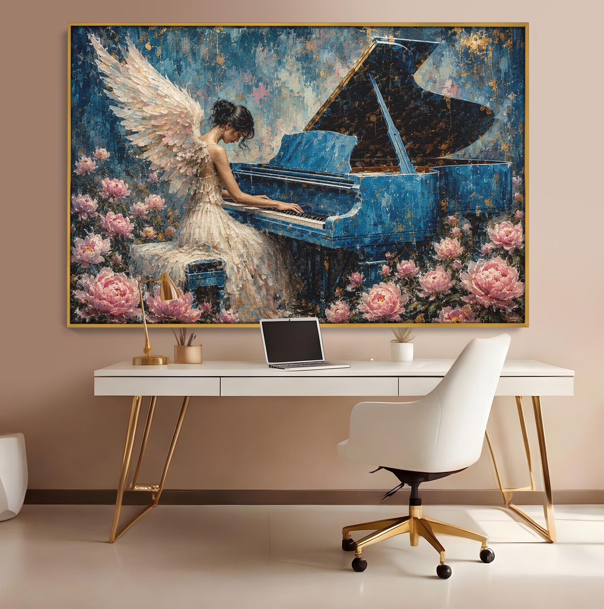 Tablou Canvas Premium LuxCanva® A1860, Ingerul Muzicii, Inger, Pian, Flori, Muzica, Living, Dormitor, Culori Vibrante