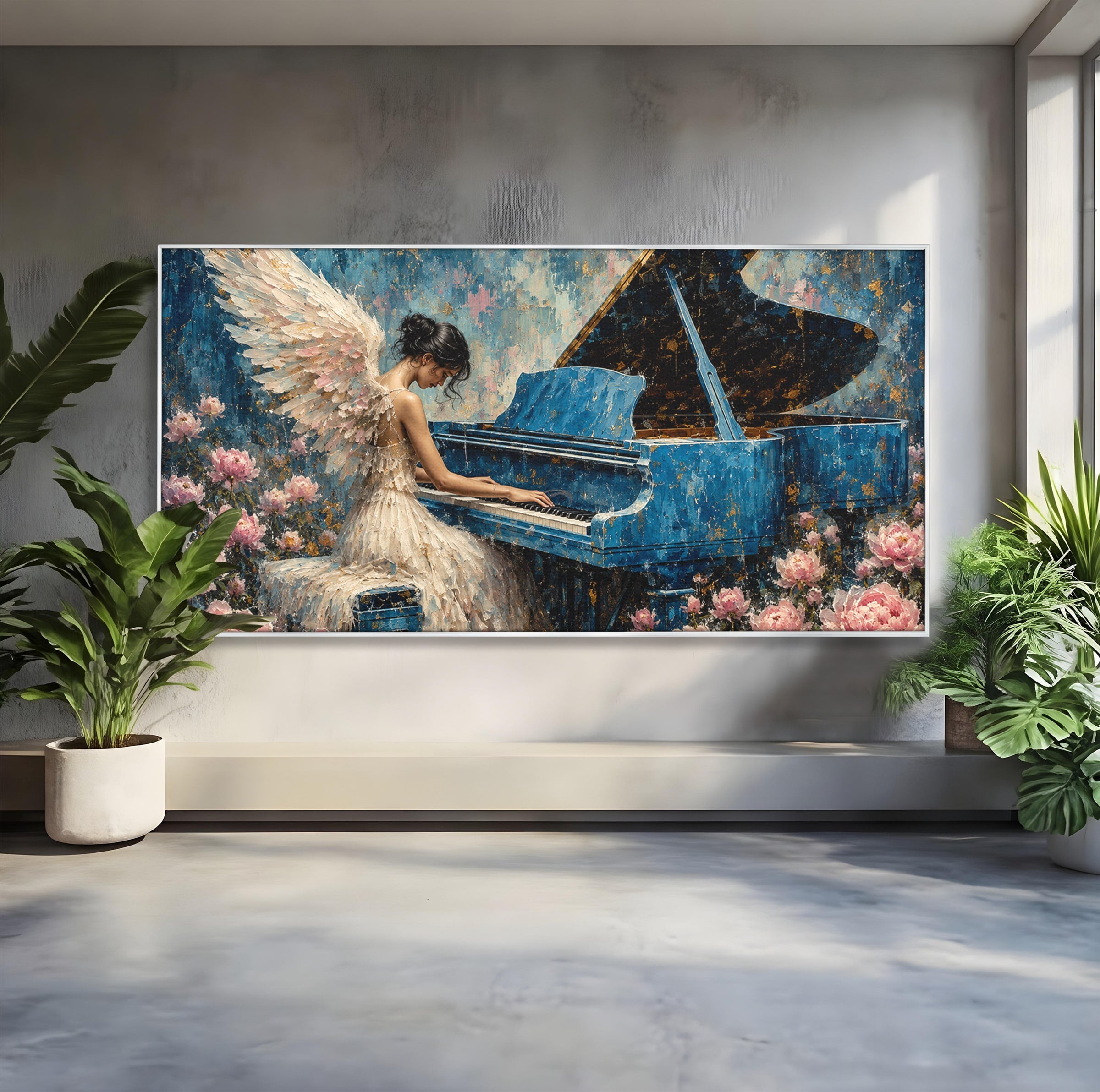 Tablou Canvas Premium LuxCanva® A1860, Ingerul Muzicii, Inger, Pian, Flori, Muzica, Living, Dormitor, Culori Vibrante
