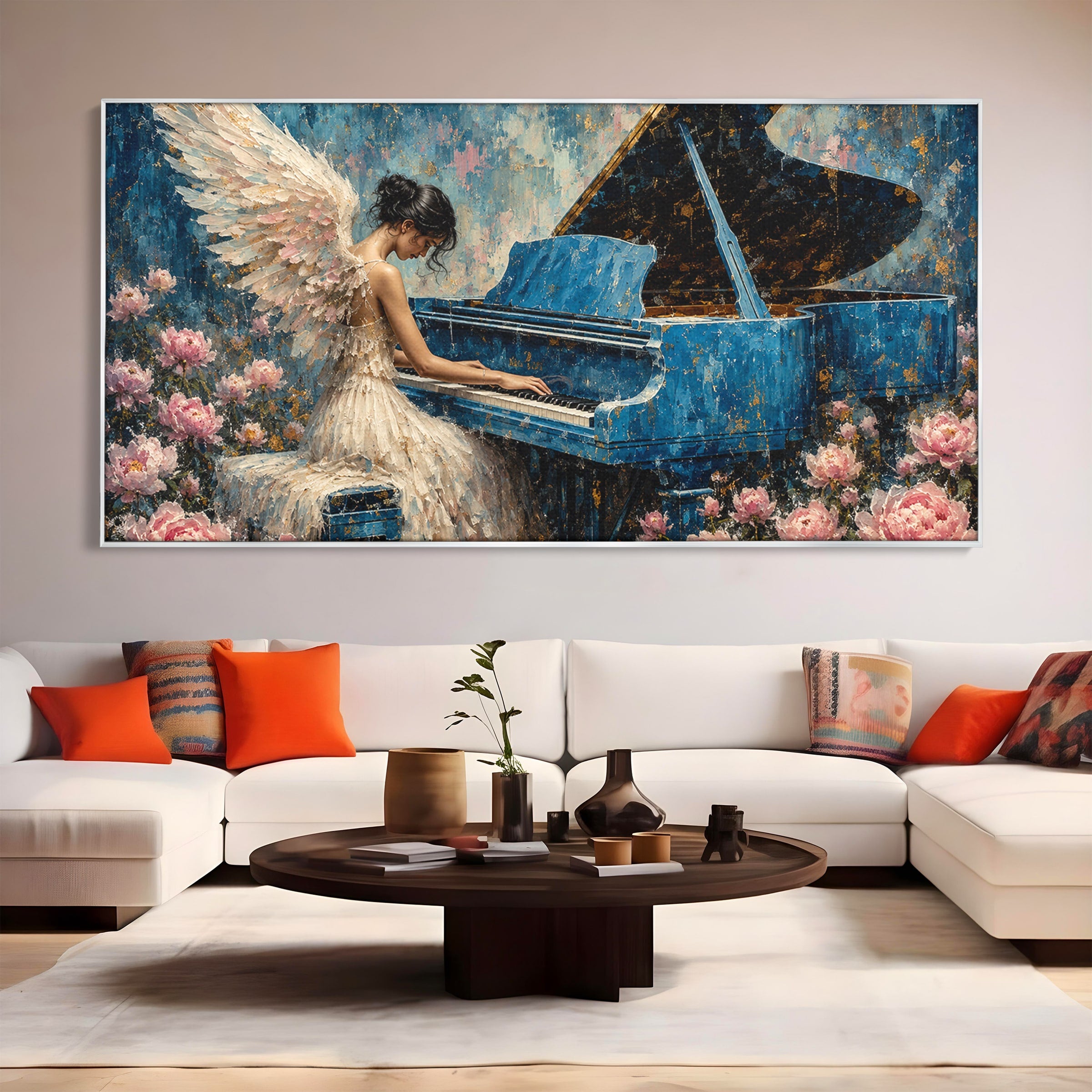 Tablou Canvas Premium LuxCanva® A1860, Ingerul Muzicii, Inger, Pian, Flori, Muzica, Living, Dormitor, Culori Vibrante