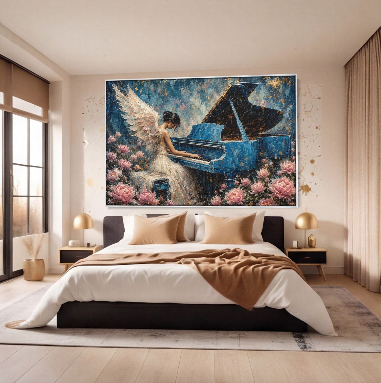 Tablou Canvas Premium LuxCanva® A1860, Ingerul Muzicii, Inger, Pian, Flori, Muzica, Living, Dormitor, Culori Vibrante