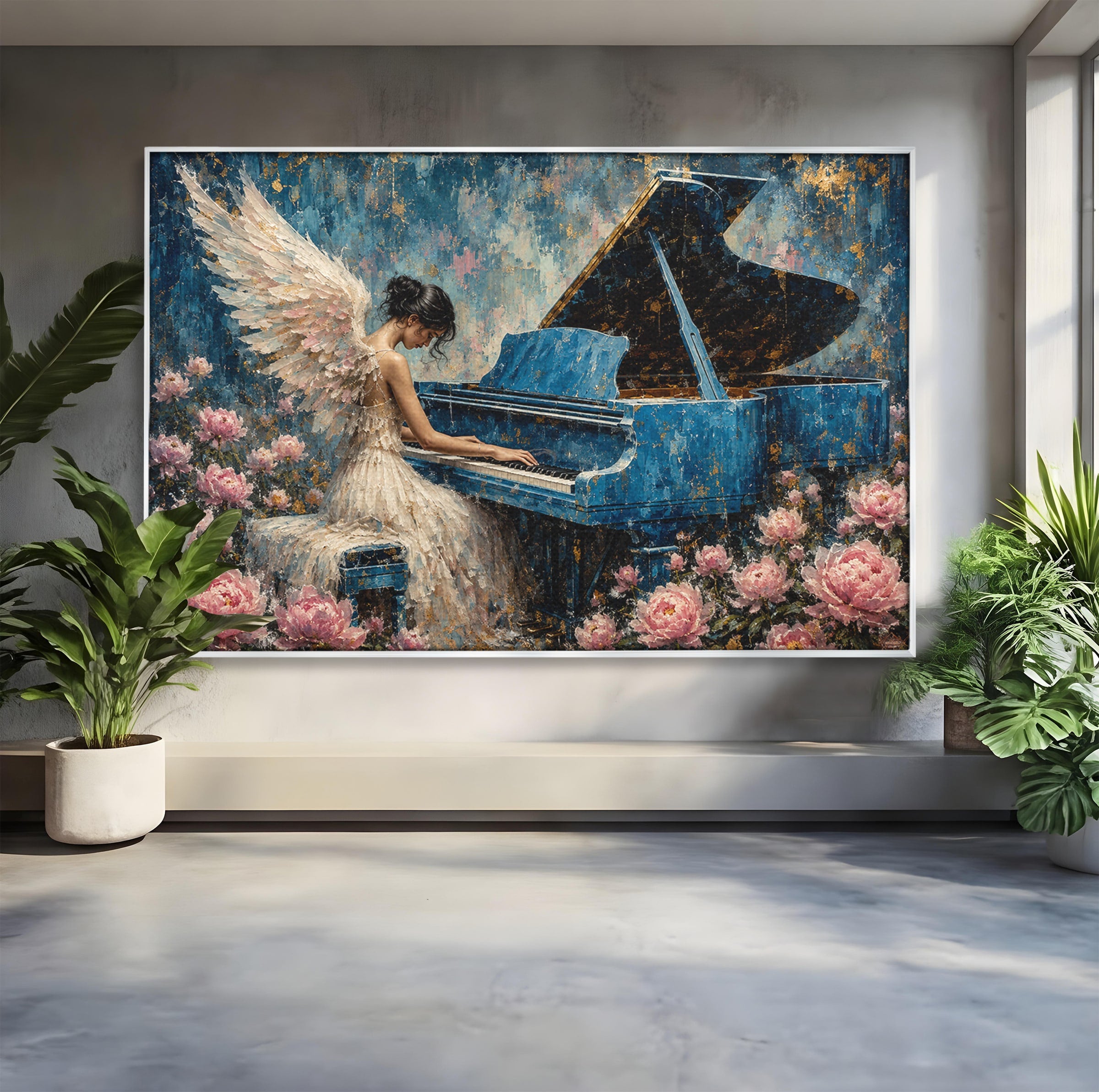 Tablou Canvas Premium LuxCanva® A1860, Ingerul Muzicii, Inger, Pian, Flori, Muzica, Living, Dormitor, Culori Vibrante