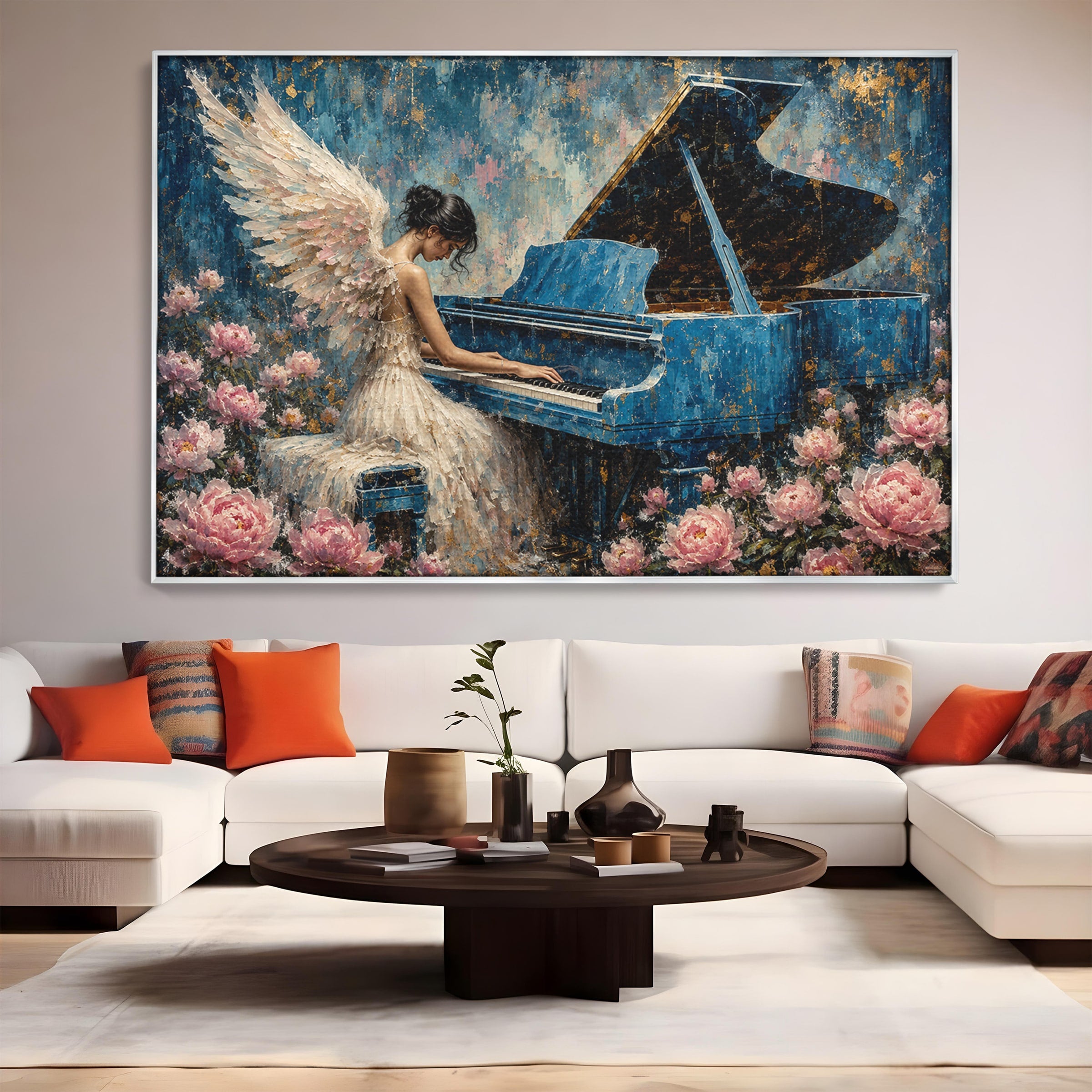 Tablou Canvas Premium LuxCanva® A1860, Ingerul Muzicii, Inger, Pian, Flori, Muzica, Living, Dormitor, Culori Vibrante
