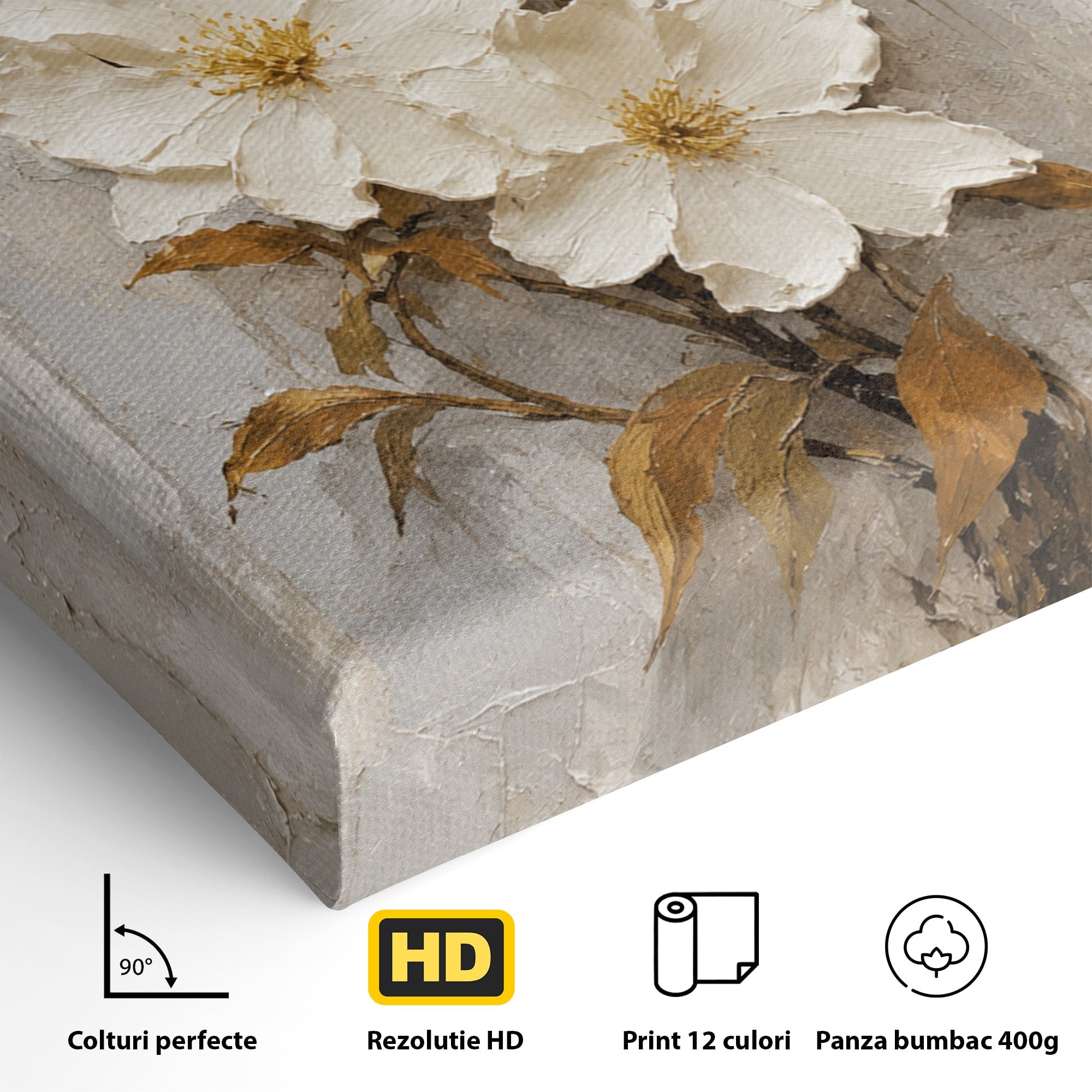 Tablou Canvas Premium LuxCanva® A1861, Flori Albe Texturate, Flori, Texturat, Natura, Living, Dormitor, Culori Vibrante
