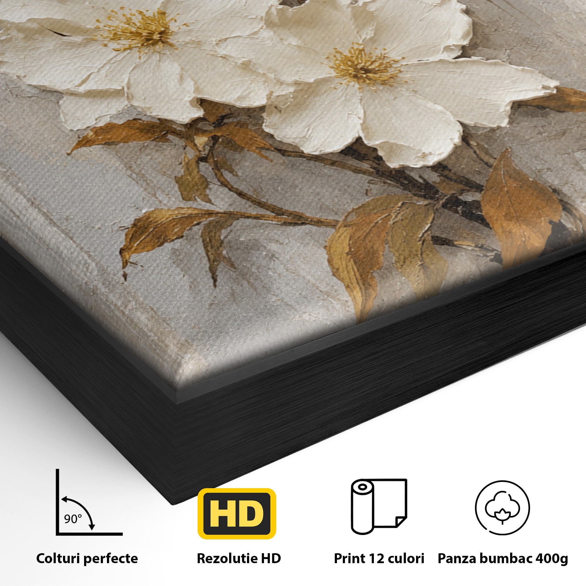 Tablou Canvas Premium LuxCanva® A1861, Flori Albe Texturate, Flori, Texturat, Natura, Living, Dormitor, Culori Vibrante