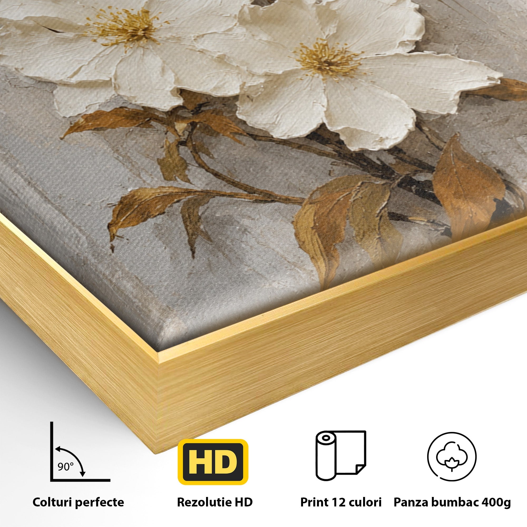 Tablou Canvas Premium LuxCanva® A1861, Flori Albe Texturate, Flori, Texturat, Natura, Living, Dormitor, Culori Vibrante
